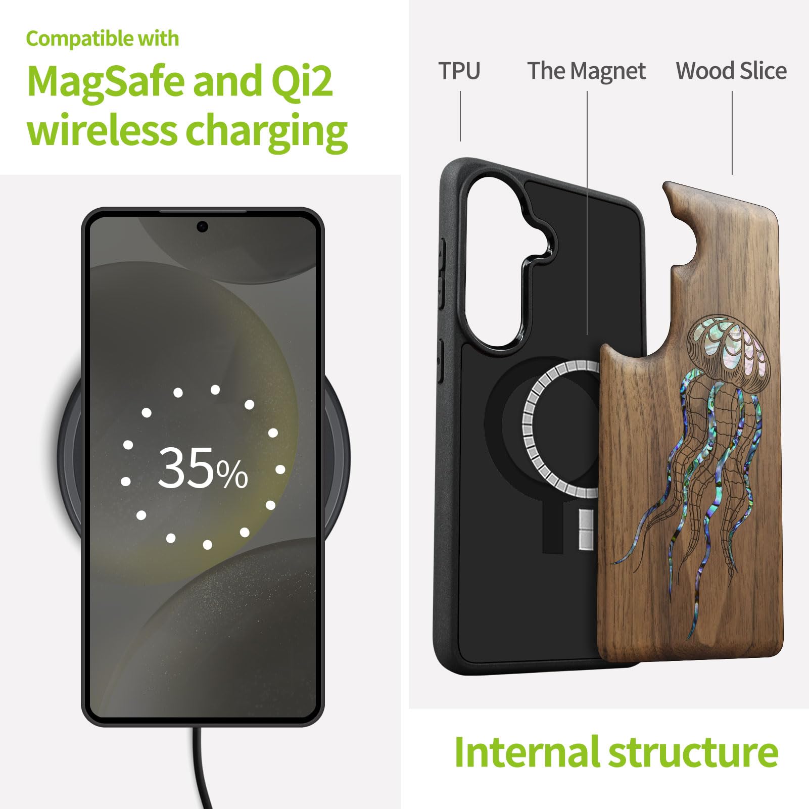 Carveit Drewniane magnetyczne etui na telefon komórkowy Samsung S26 [drewniany grawerunek i wkładka muszli] osłona zderzaka kompatybilna z Galaxy S26 Case (sztuczna meduza z drewna orzechowego)