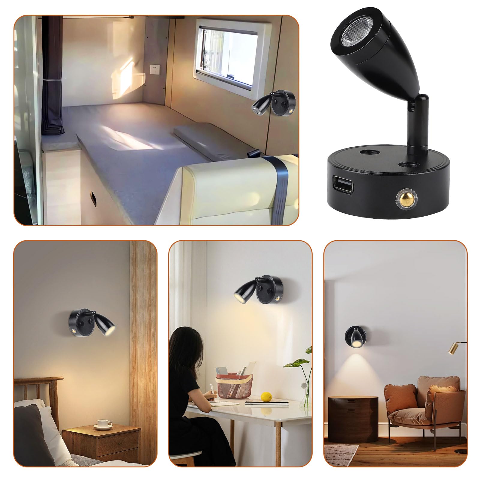 CPROSP Lot de 2 Lampe 12v led Camping Car à intensité variable avec USB 3-6000 K, spot LED 3W 12 V Lampe de lecture pour Intérieur Lumière LED Interrupteur réglable, 180 lm, 59 x 97 mm, noir
