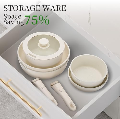 Miniatura 7 de JEETEE Juego de ollas y sartenes antiadherentes, 20 piezas, juego de utensilios de cocina con mango desmontable, juego de cocina de autocaravana,