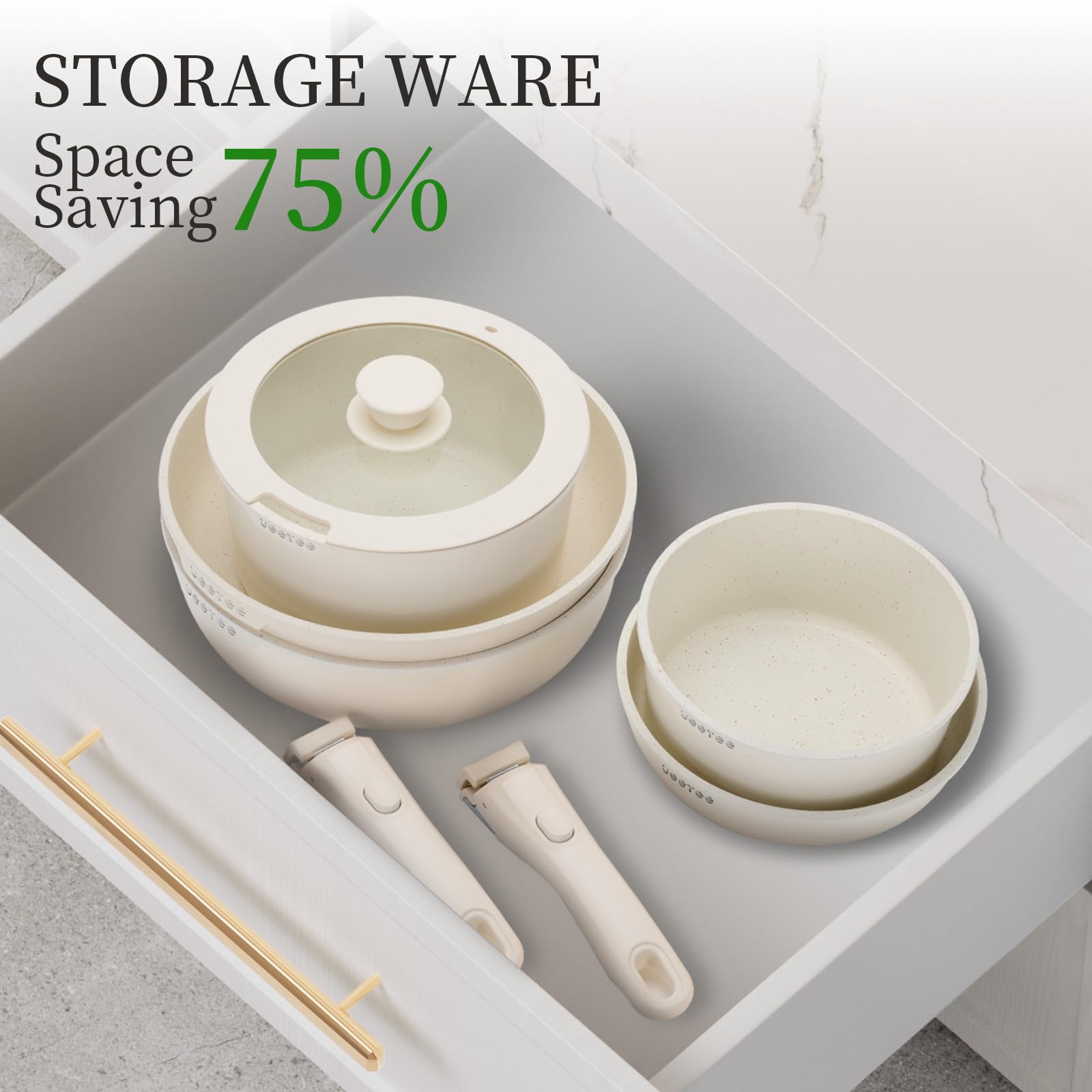 JEETEE Batterie de Cuisine Antiadhésive 20 Pcs, Sets de Poêles et Casseroles avec Poignée Amovible, Ensemble de Cuisine pour Camping-car, Empilable, Passe au Four, Sans PFAS/PFOA, Beige