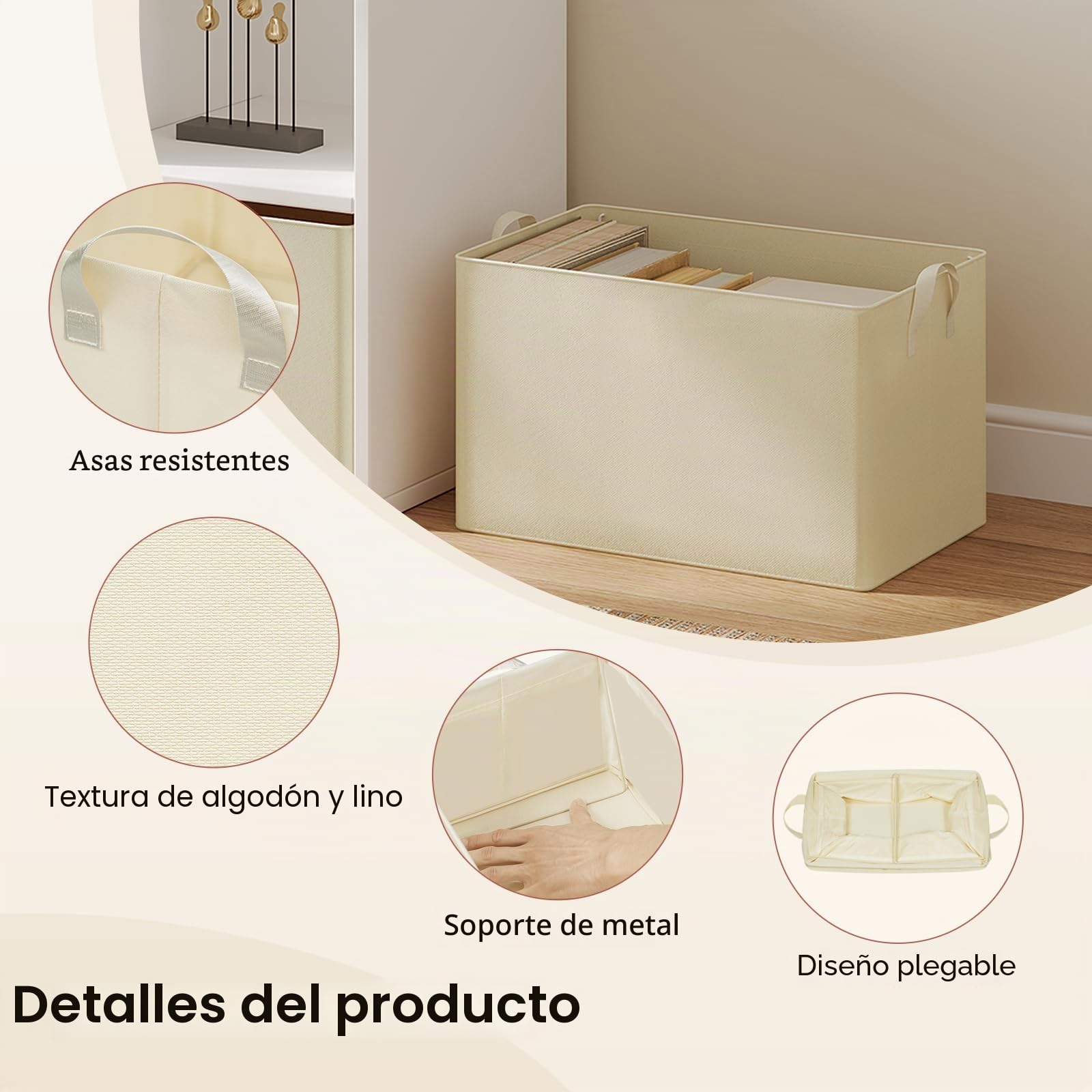 WOLTU Juego de 5 Cajas Plegables,Cajas Almacenamiento Plegables, Cajas Organizadoras de Tela con Asas, Cajas Almacenaje para Ropa y Juguetes en Armarios, Crema, 47x35x30 cm