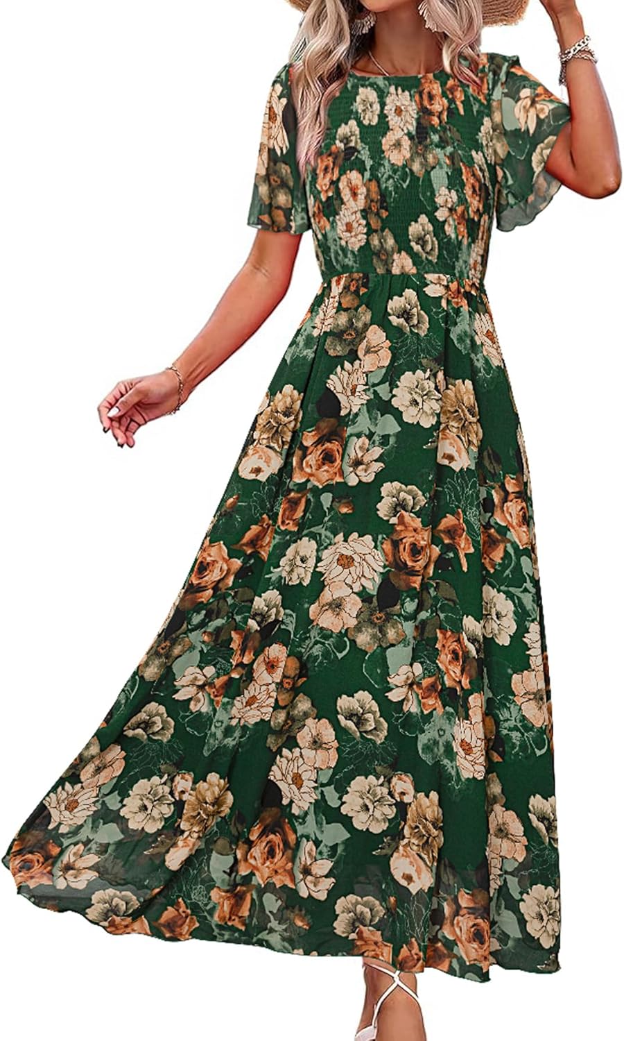 Simplee Womens Summer Floral Summer Maxi Dresses Boho Flowy Flutter Short Sleeve Crew Neck Vacation Smocked Chiffon Dress