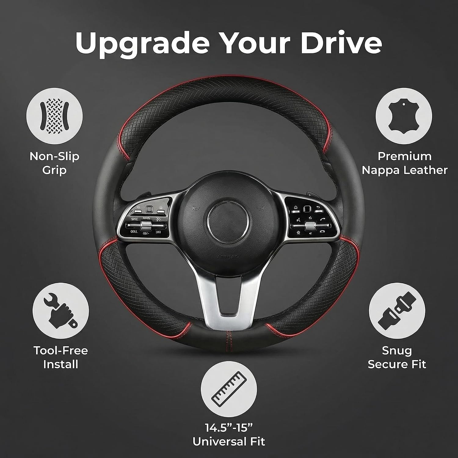 Steering Wheel Cover, Premium Nappa Leather Non-Slip Breathable Grip, Universal Fit for Car SUV Truck, 14.5-15 Inch (37-38.5 cm) (Black and Red)
