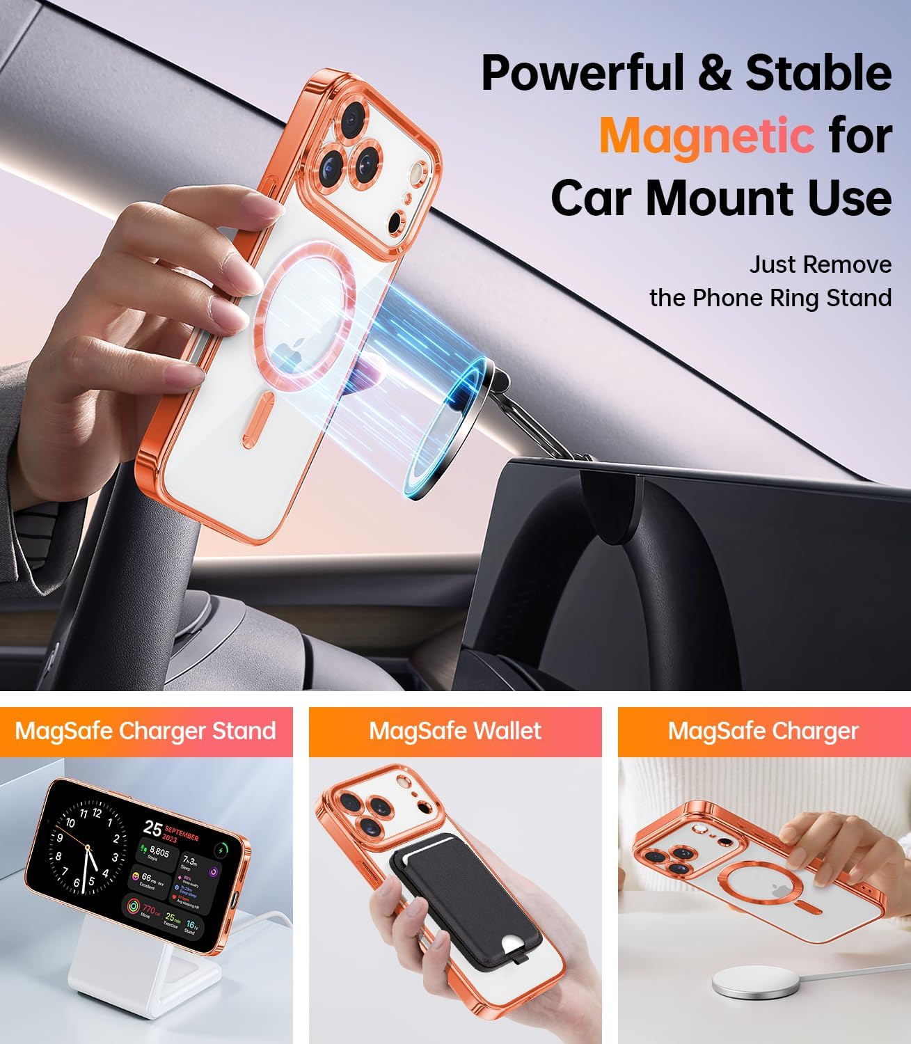 Meifigno Designed for iPhone 17 Pro Max Magnetic Case with Removable Phone Ring Stand, Glitter Card & Wrist Strap, Compatible with MagSafe, Built in Mirror, Phone Ring Holder + Case Kit, Orange