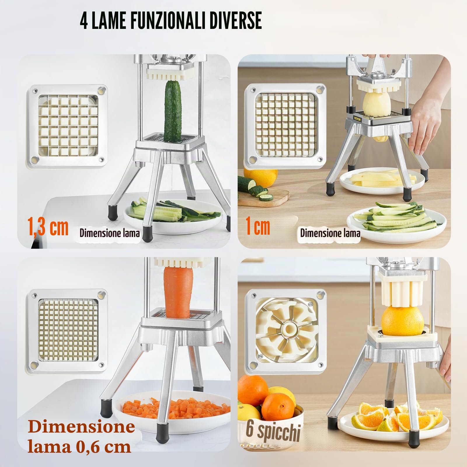 VEVOR Tritatutto Manuale Taglierina Manuale Patatine Verdure Frutta Lame in Acciaio Inox da 1/2" 1/4" 3/8", Tritatutto Commerciale Taglierina per Bastoncini Alimenti Frutta Verdure Manico Ergonomico