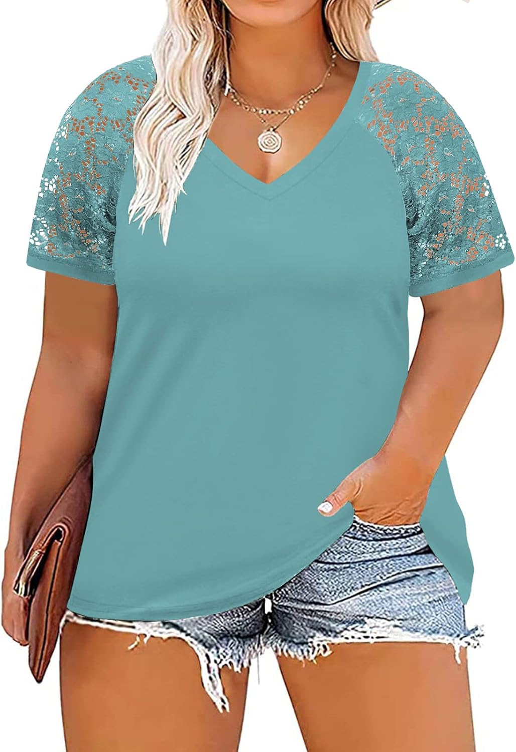 DOLNINE Plus-Size-Tops for Women Summer V Neck Casual Shirts Lace Short Sleeve Tees