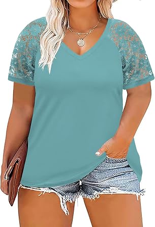 DOLNINE Plus-Size-Tops for Women Summer V Neck Shirts Lace Short Sleeve Tee
