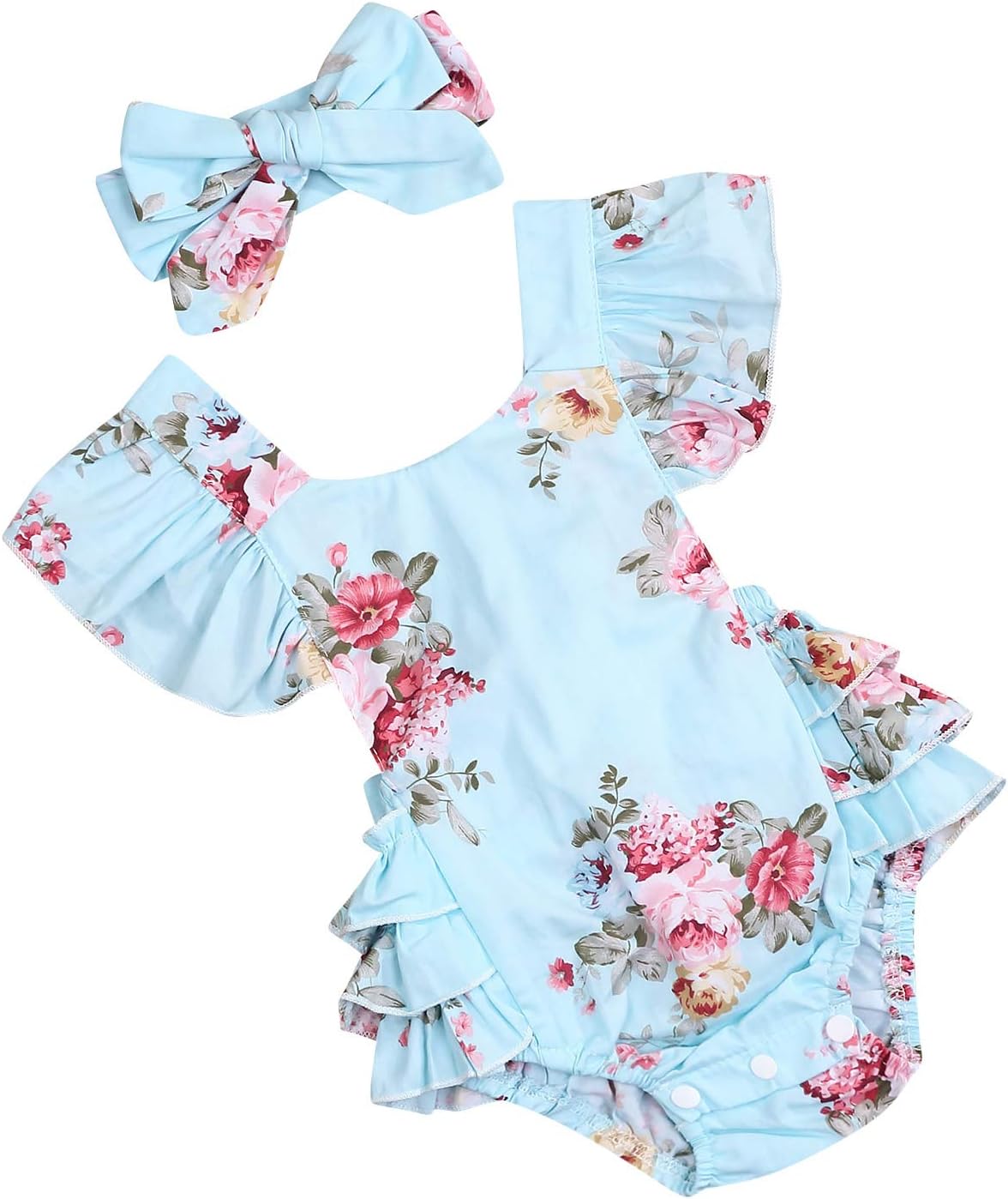 Baby Girls Cotton Vintage Floral Romper Set Ruffle Sleeve Solid Color With Headband