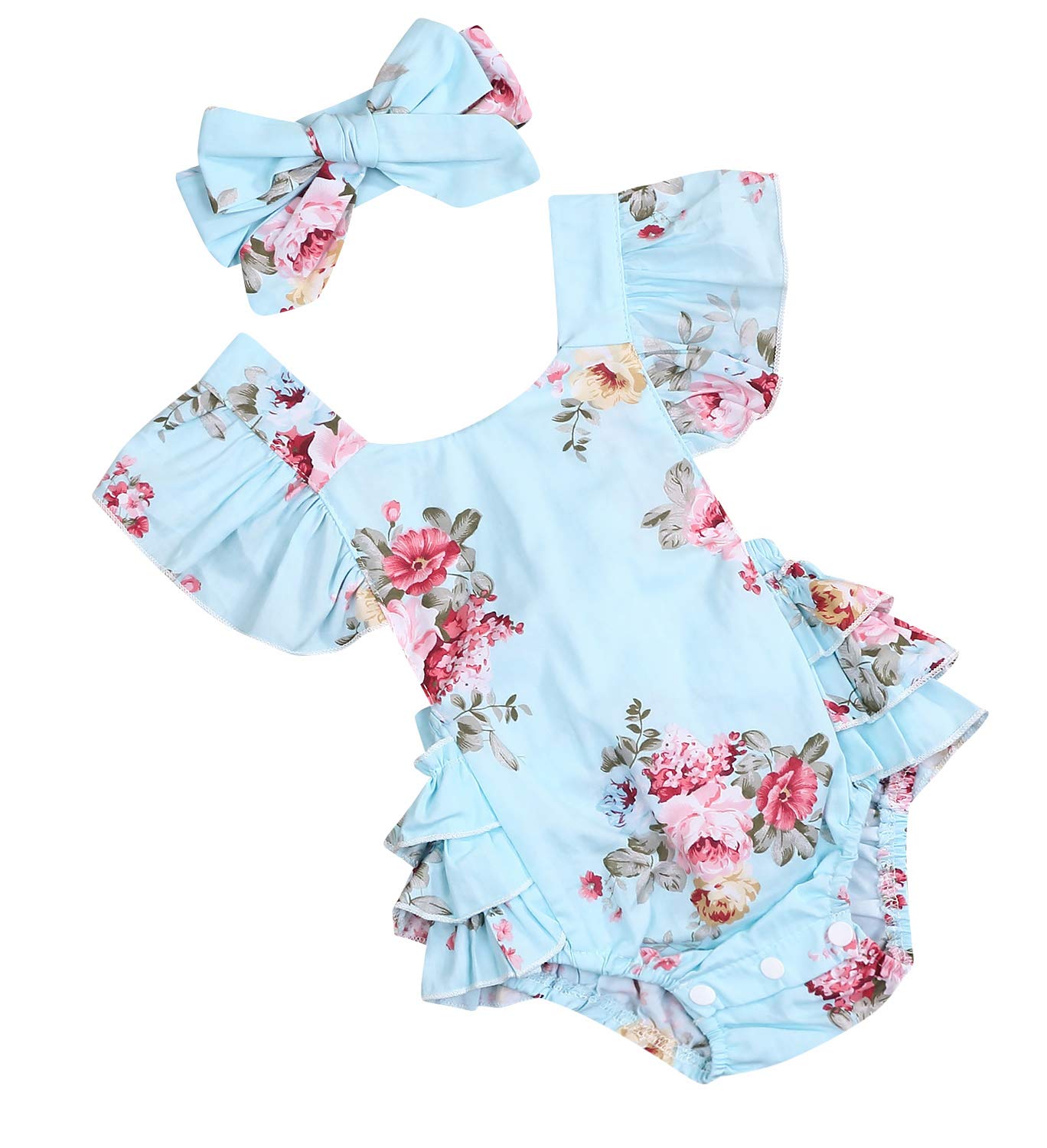 Baby Girls Cotton Vintage Floral Romper Set Ruffle Sleeve Solid Color With Headband