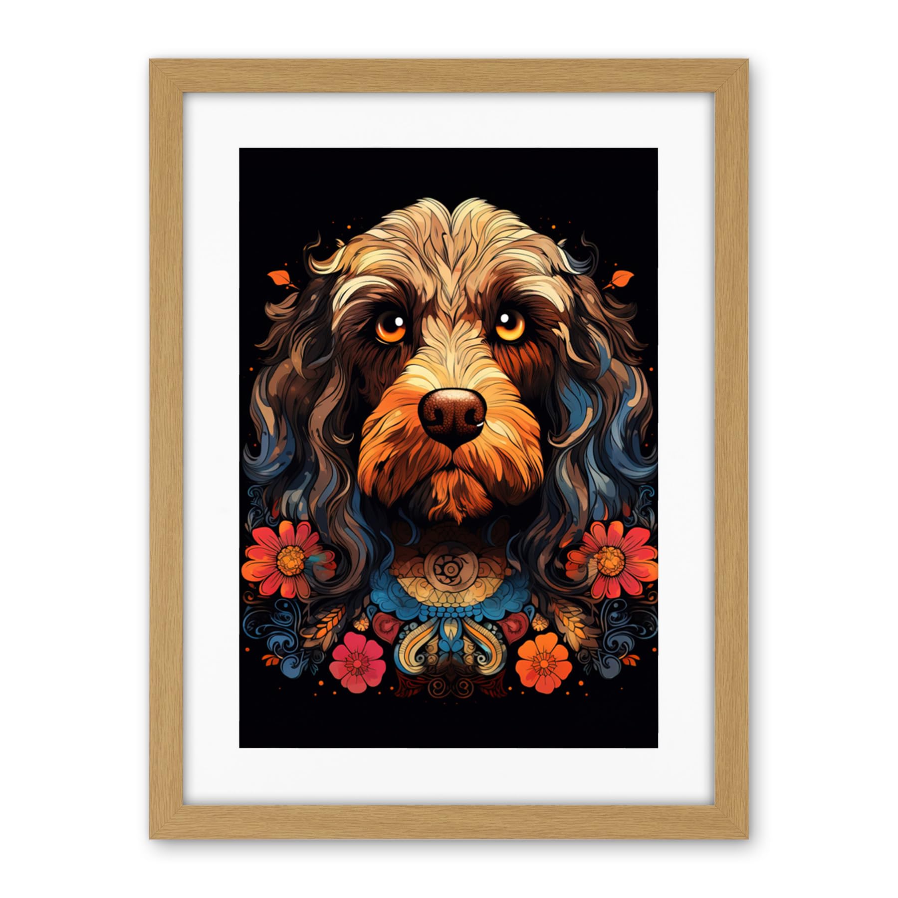 Artery8 Cockapoo Dog with Ornate Collar and Flowers Symmetrical Floral Artwork Orange Pink Blue Tribal Design on Black Artwork Framed Wall Art Print 18X24 Inch