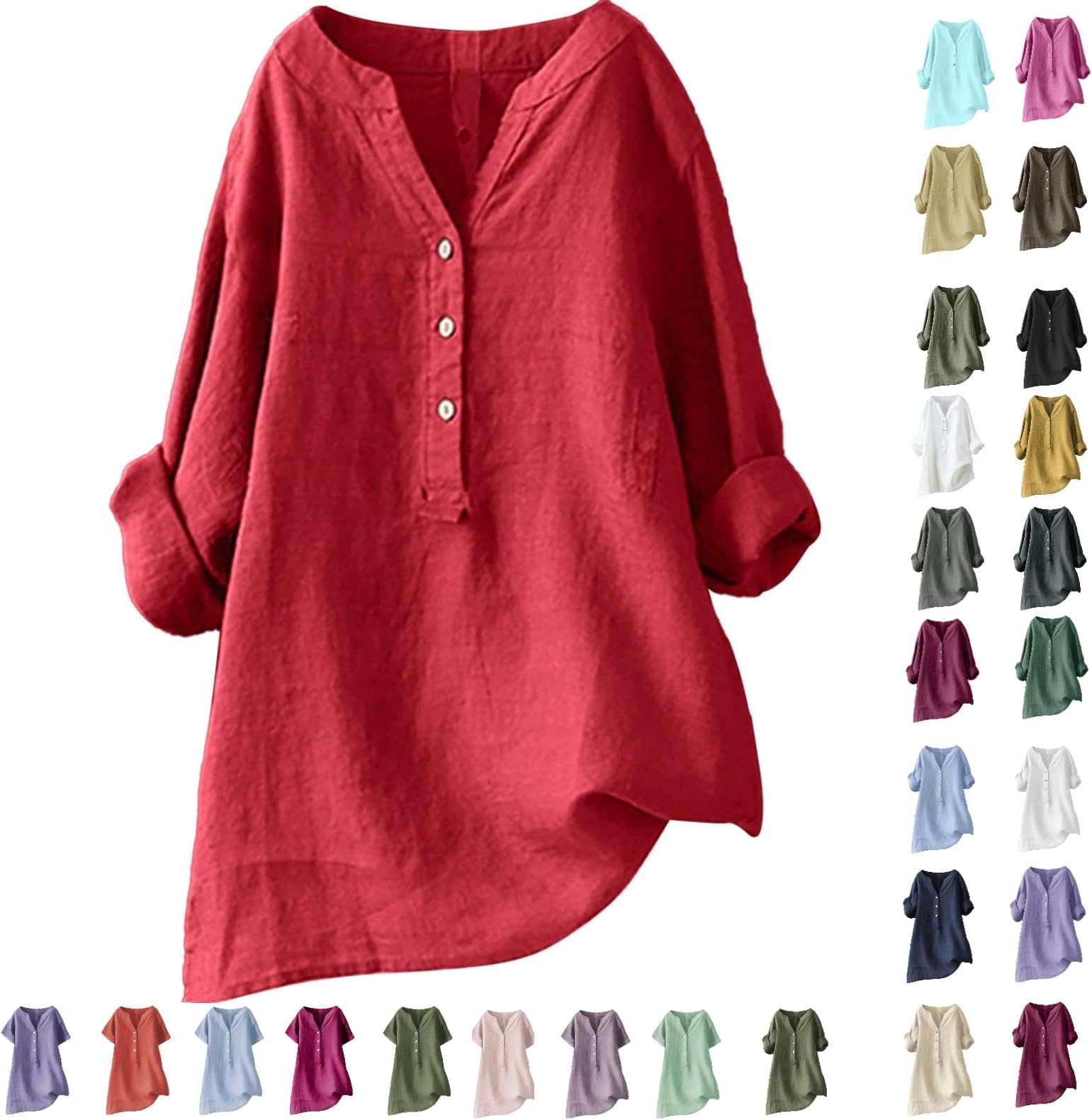 GenericWomens Cotton Linen Shirts Solid Color 3/4 Sleeve Tunic Tops Oversized Tshirts for Women Casual V Neck Dressy Blouses