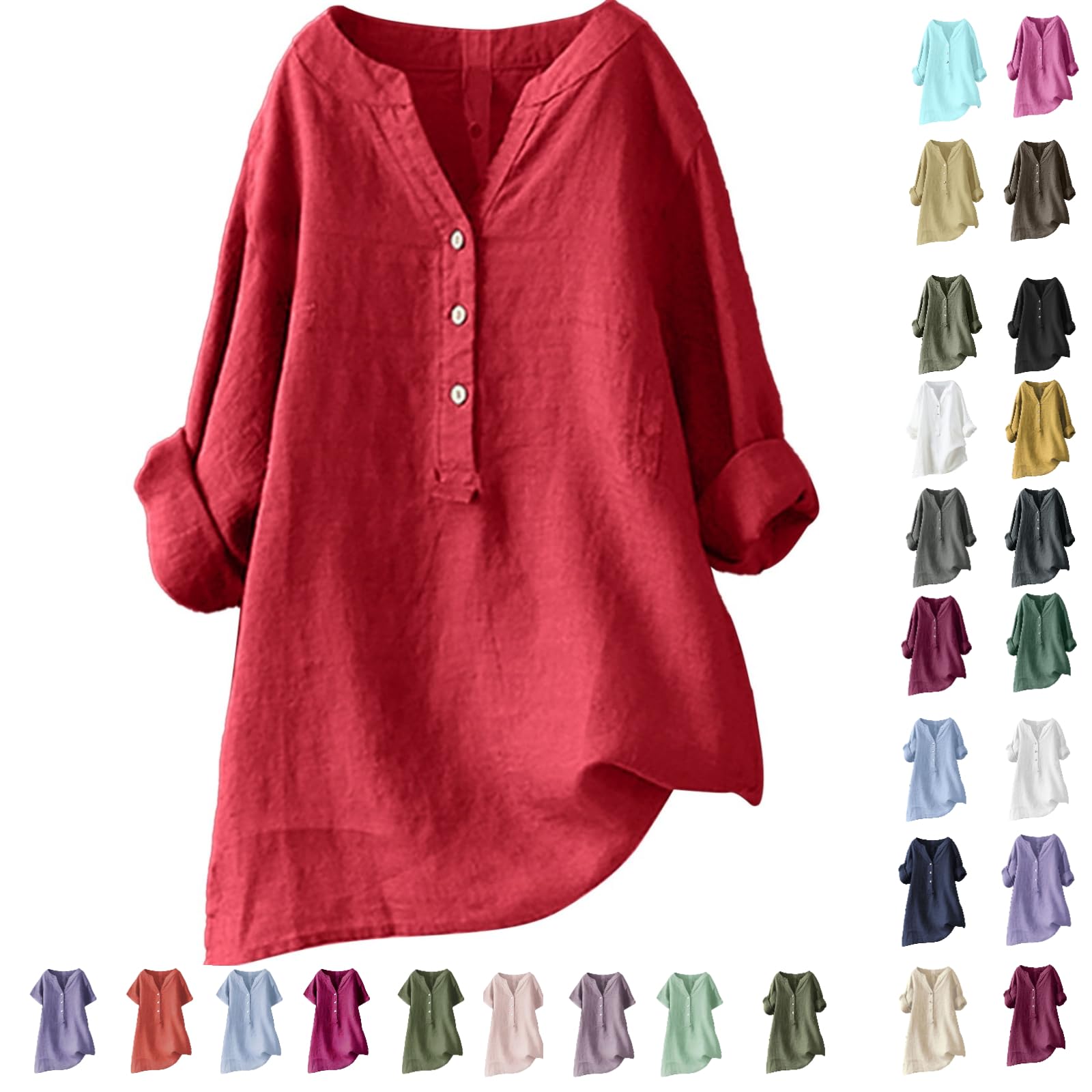 GenericWomens Cotton Linen Shirts Solid Color 3/4 Sleeve Tunic Tops Oversized Tshirts for Women Casual V Neck Dressy Blouses