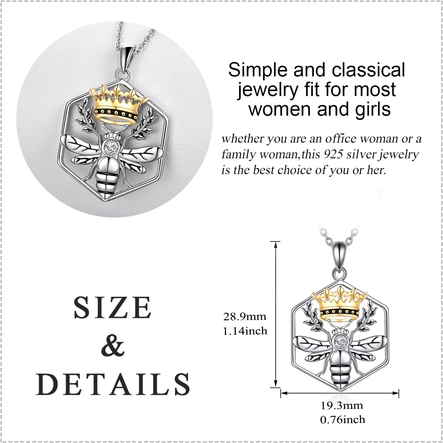 YAFEINI Bee Necklace Queen Bee Pendant Honeycomb 925 Sterling Silver Crown Jewelry Gifts for Women Girls - Image 5