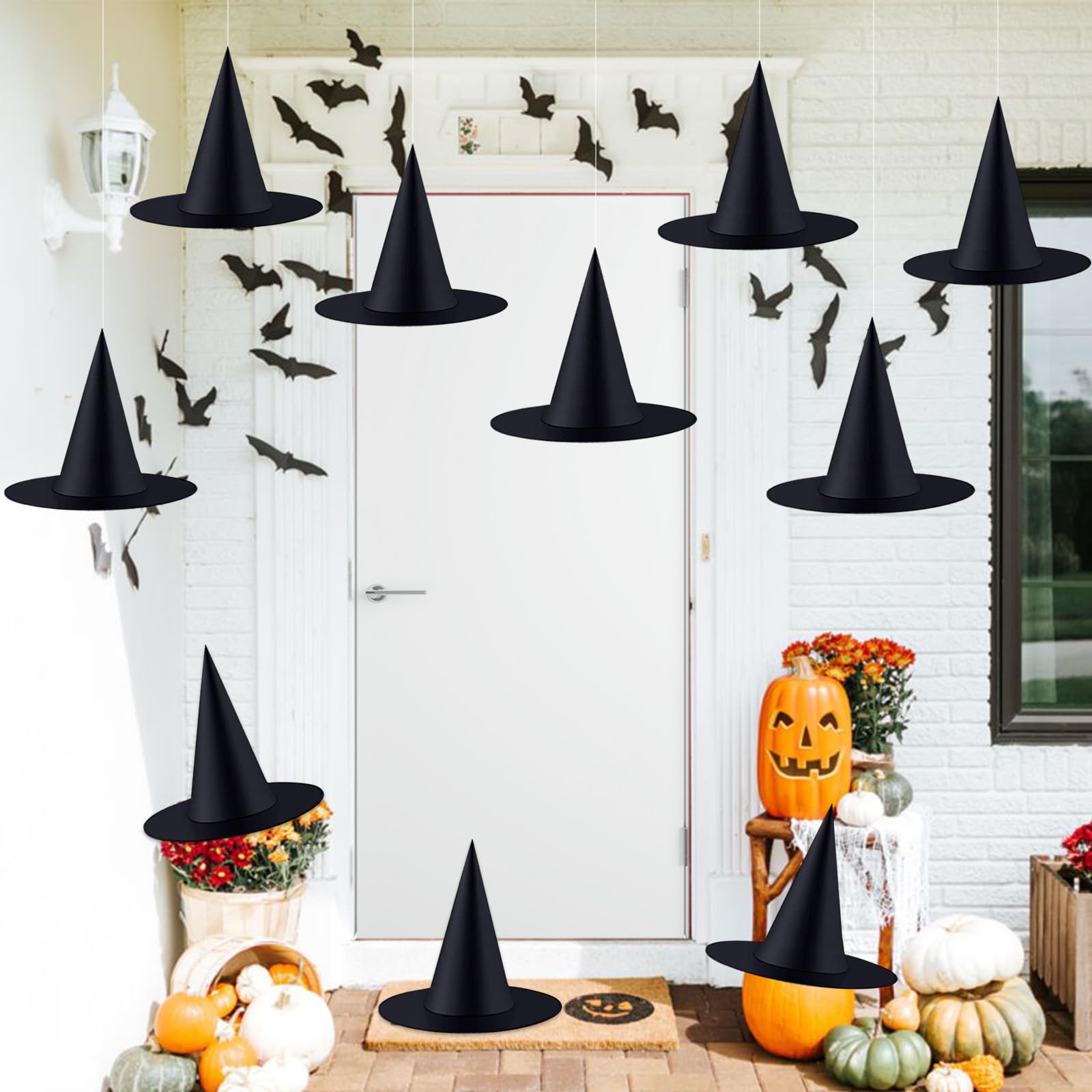 Halatool 10 Floating Black Hanging Witch Hats with 98 Feet Rope for Outdoor Halloween Party Decoration
