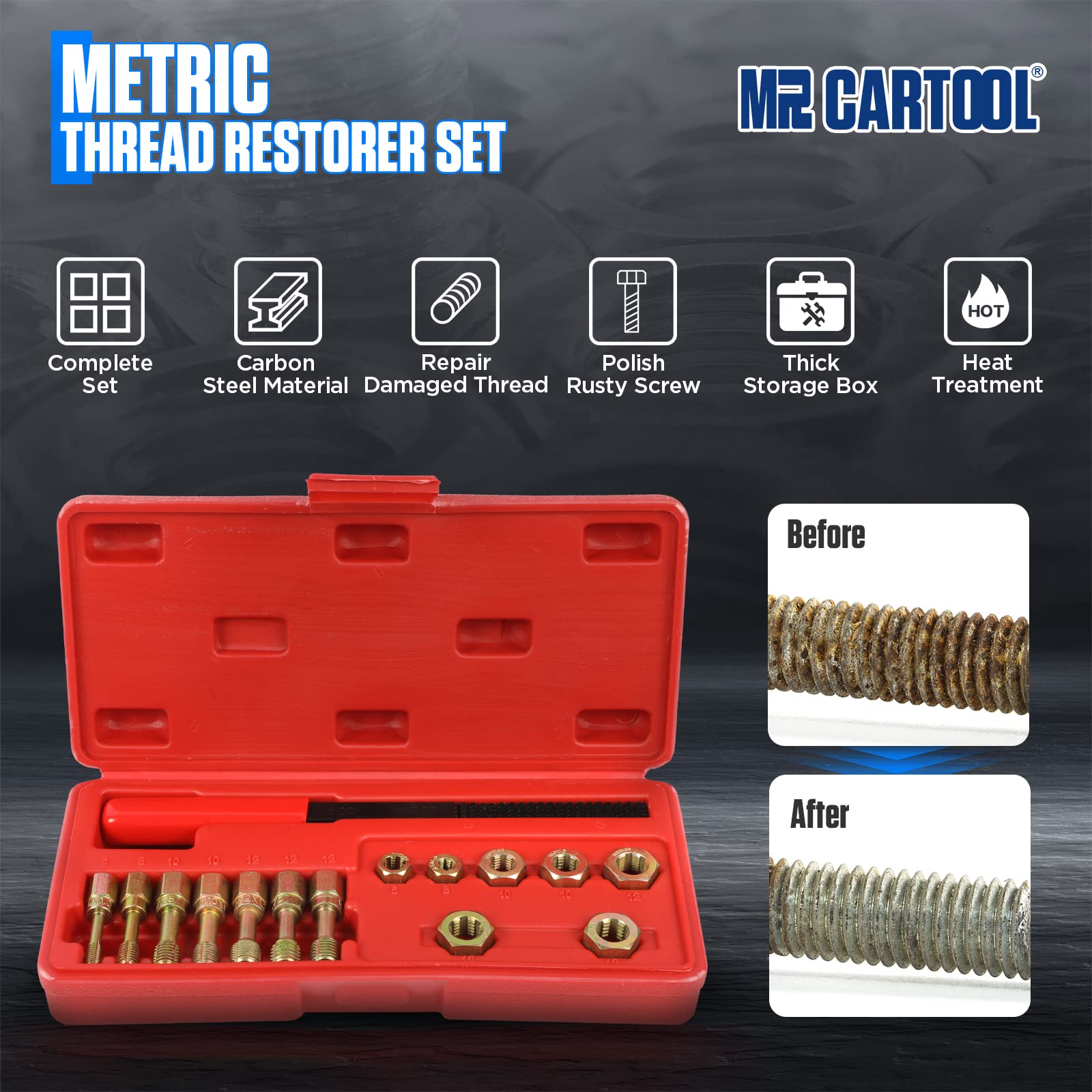 MRCARTOOL Restaurador de Roscas Métricas Kit de Reparación de Roscas Métricas Universal Juego de Herramientas para Reparar con Matrices, Machos y Limas de Roscar