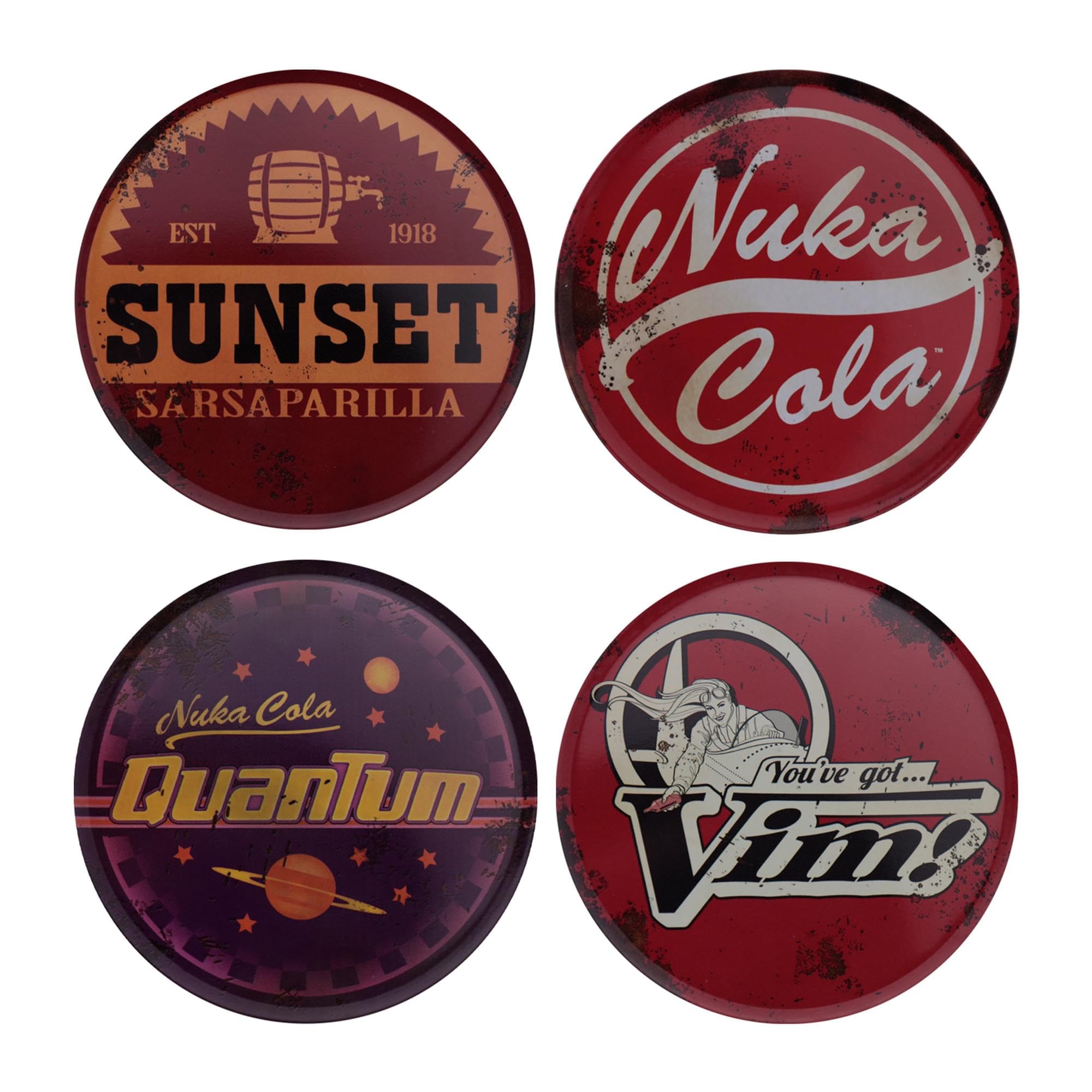 Fallout Metal Drinks Coasters Set of 4 – Officially Licensed Nuka Cola, Sunset Sarsaparilla, Vim & Nuka Cola Quantum – Gaming Coaster Gift for Fallout Fans