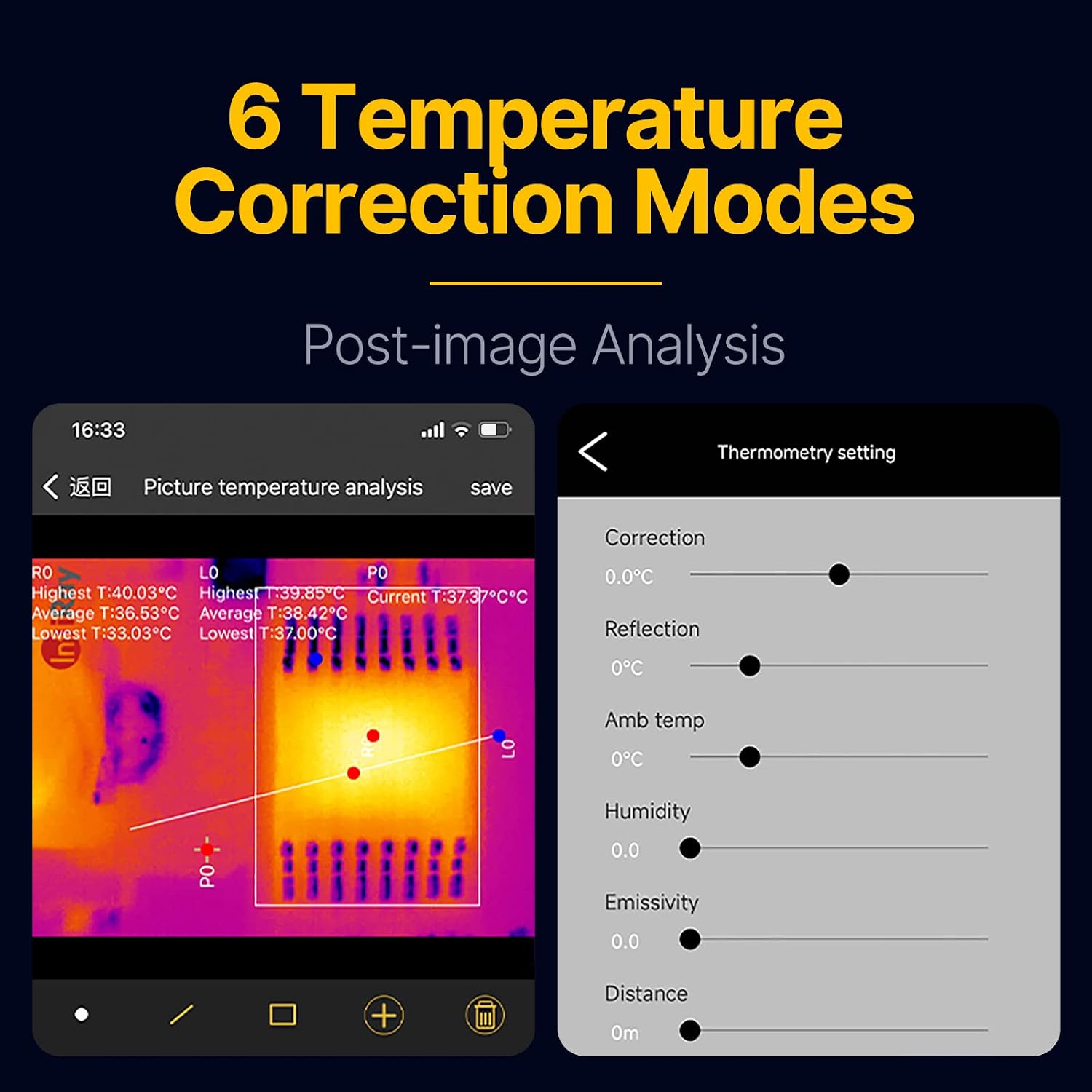Smartphone screen showing 'Thermometry setting' menu with sliders for Correction, Reflection, Amb temp, Humidity, Emissivity, and Distance, alongside a thermal image analysis.