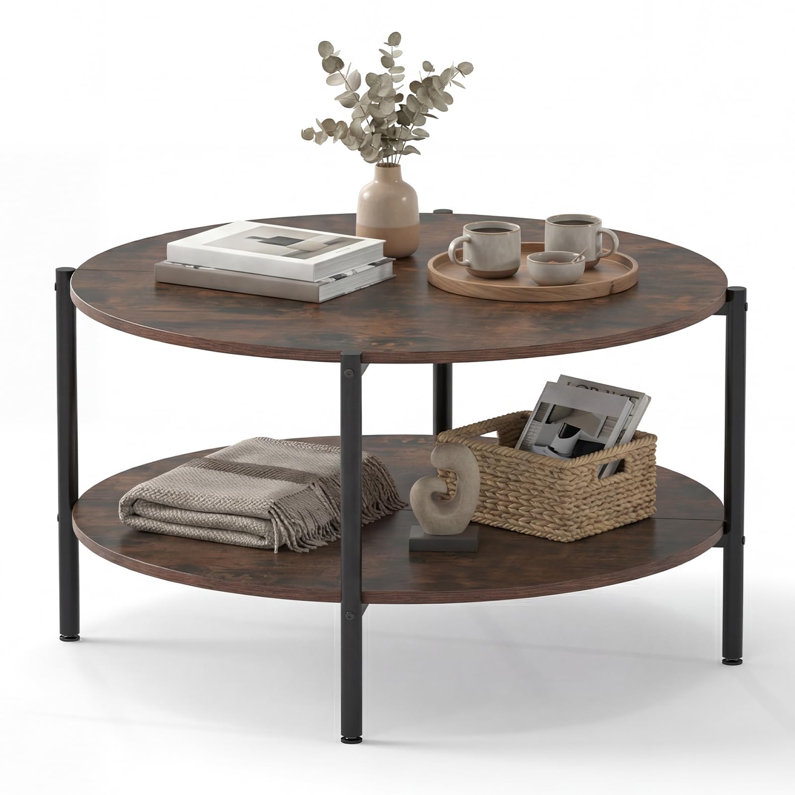 CASART 2-Tier Round Coffee Table, 85cm Industrial Accent Center Table with Storage Shelf, Wooden Circle Sofa Side Cocktail Tea Table for Living Room Bedroom Office (Rustic Brown)