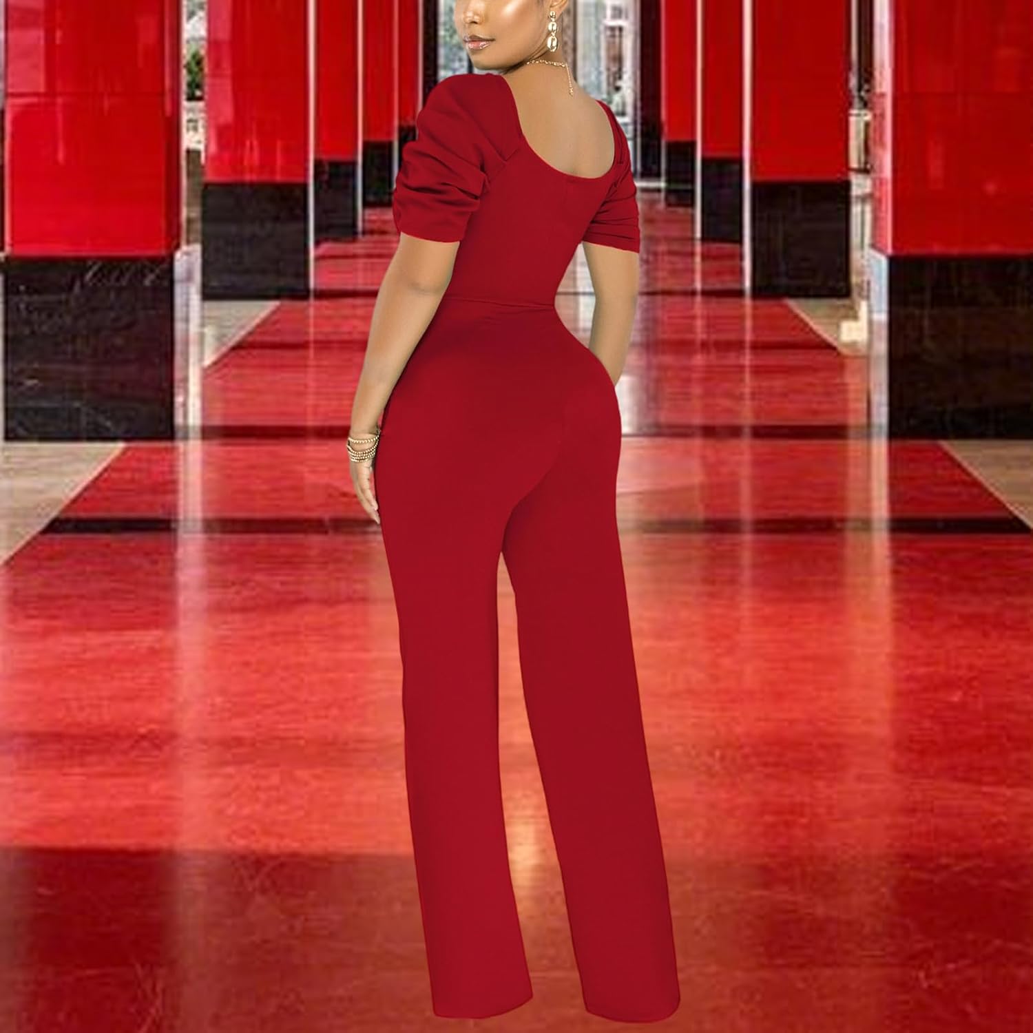 PaladMom Womens Elegant Plus Size Jumpsuits Sexy Back zipper Short Sleeve Mid Waist Wide Leg Straight Rompers - Image 2