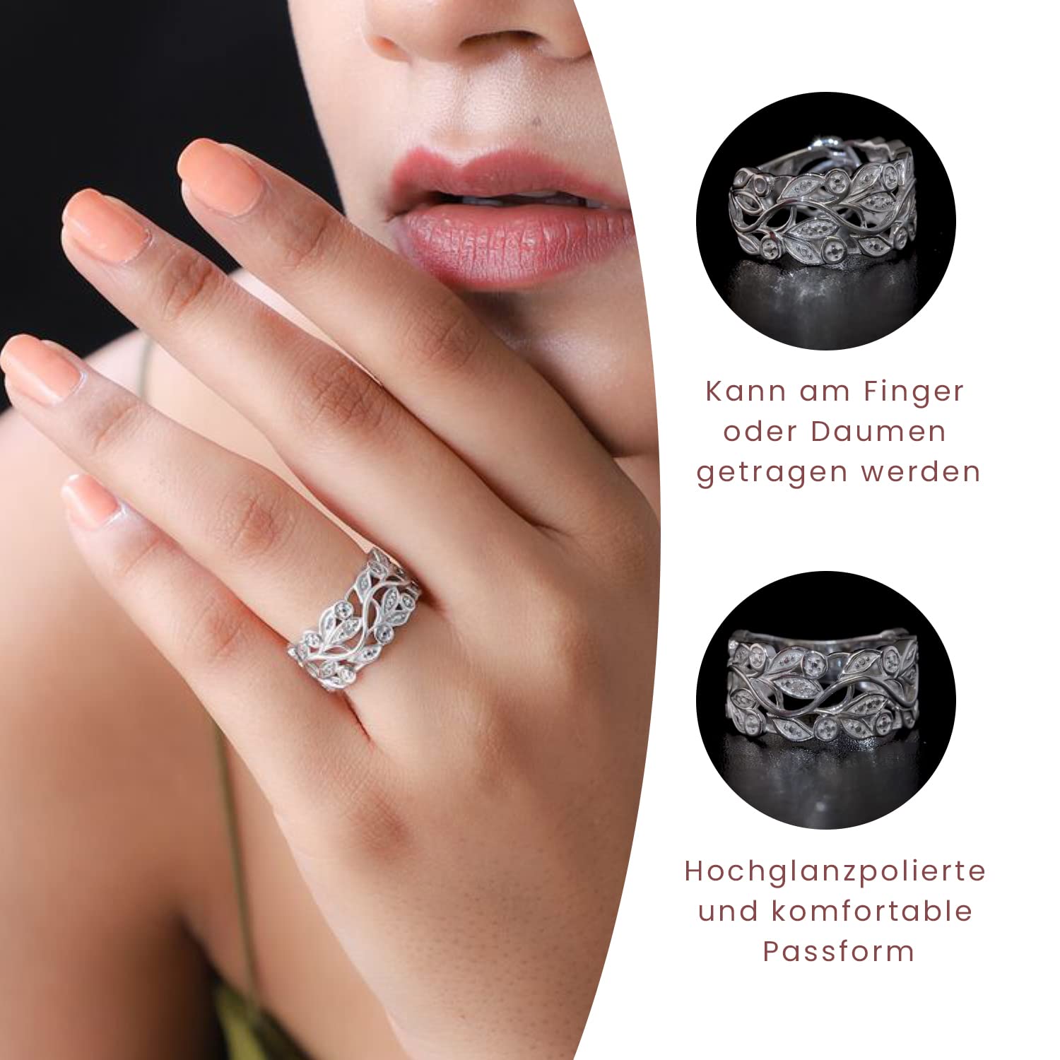 Diamantring im Blattdesign für Damen aus 925er Sterlingsilber, 585 platiniert – Ideal zur Verlobung, zum Jahrestag, zur Hochzeit oder als Geschenk für besondere Anlässe