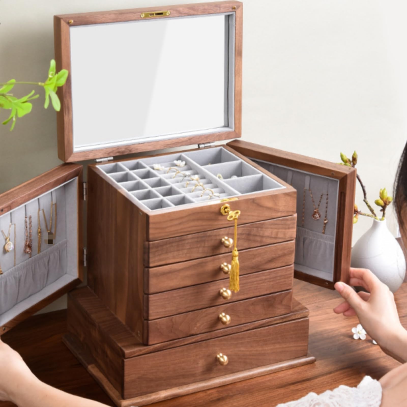 Organizador de Maquillaje Caja de Cosméticos Tocador Cajonera Almacenamiento Madera Negro con Tiradores Redondos, Madera De Caucho Con Chapa De Nogal Caja De Almacenamiento De Cosméticos