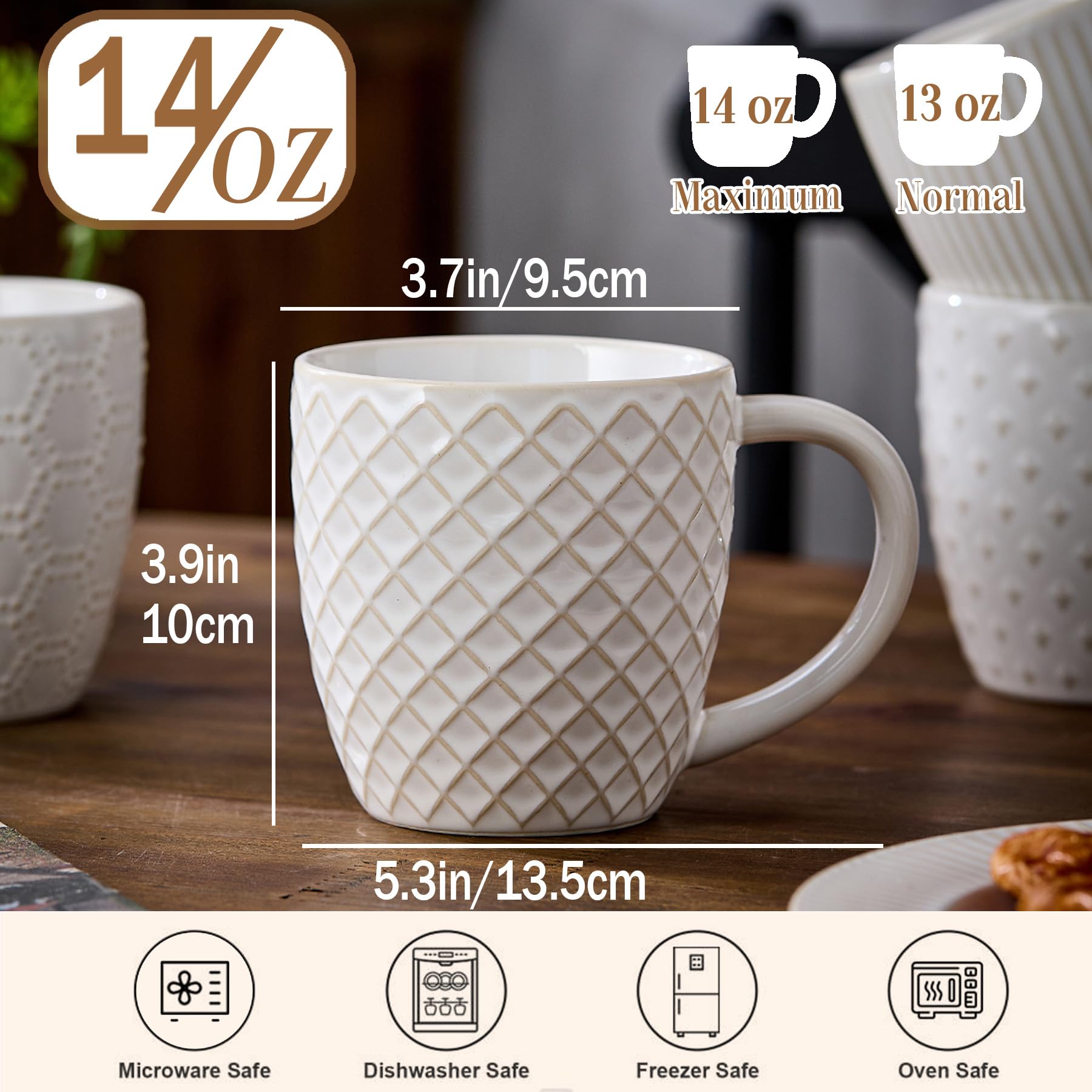 Holise - Juego de 4 tazas de café de cerámica de 14 onzas con asa, juego de tazas de cerámica en relieve para capuchino, latte, té, chocolate caliente y leche, regalos de inauguración de la casa, apto