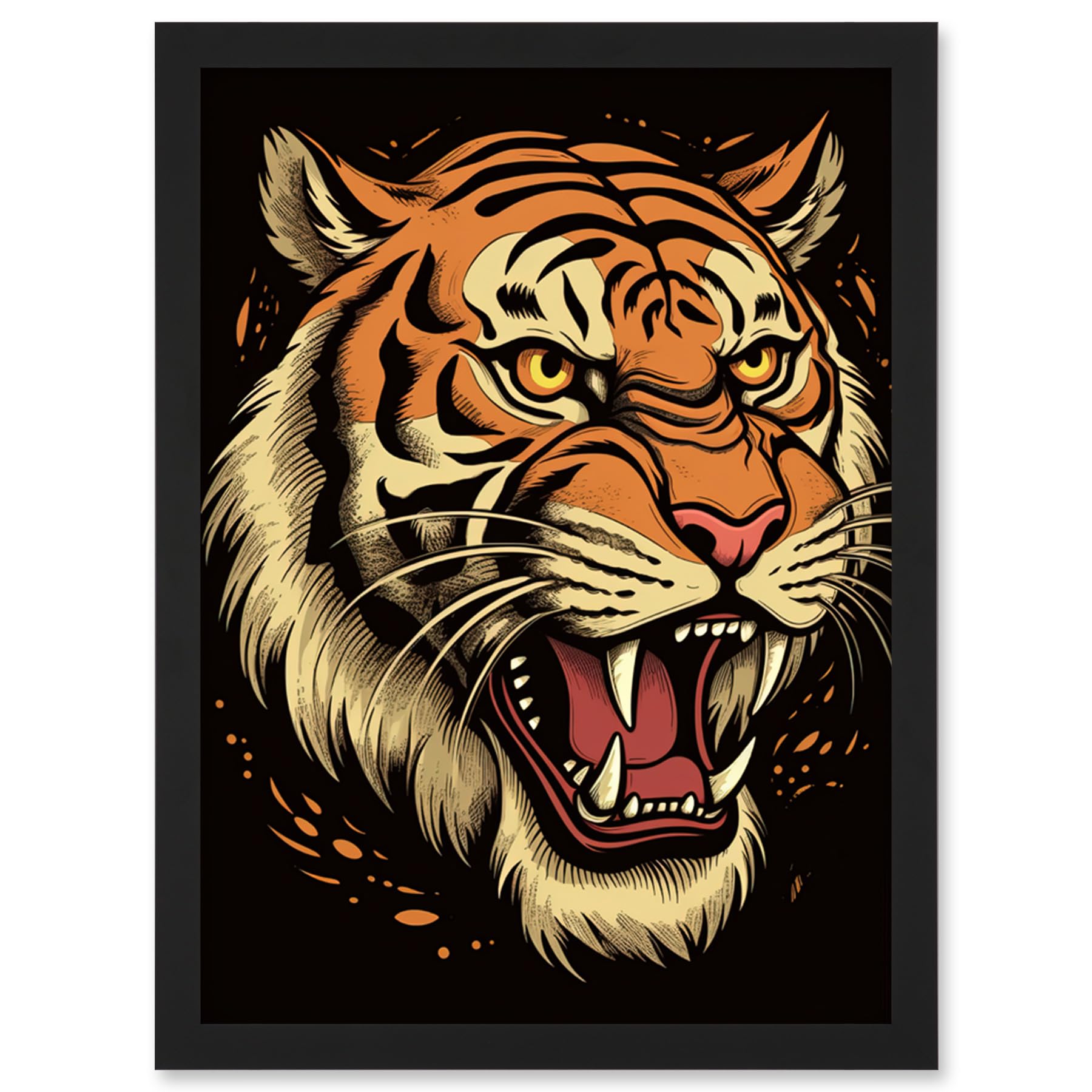 Artery8 Old School USA Tattoo Ink Body Art Growling Tiger Rockabilly Americana 50s Artwork Framed Wall Art Print A4