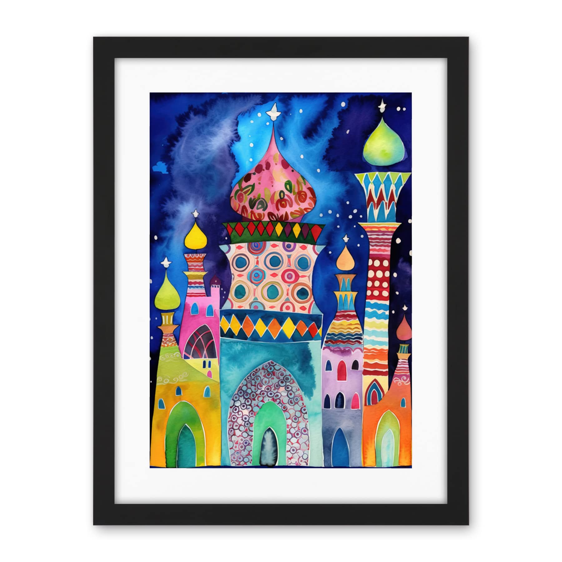 Artery8 Mosque At Midnight Folk Art Artwork Framed Wall Art Print 18X24 Inch