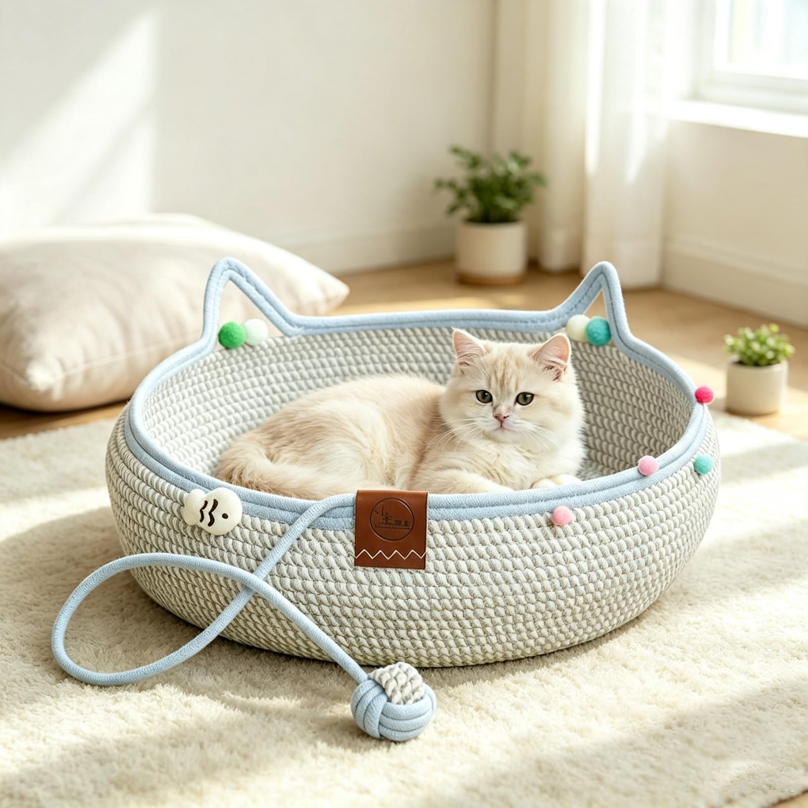 FAKOFIS Cotton Rope Cat Bed Basket, Handwoven Cat Bed with Scratching Toy Ball, Breathable Round Cat Scratcher Bed, Cute Cat Ear Design, All Season Cozy Sleeping Nest for Indoor Cats