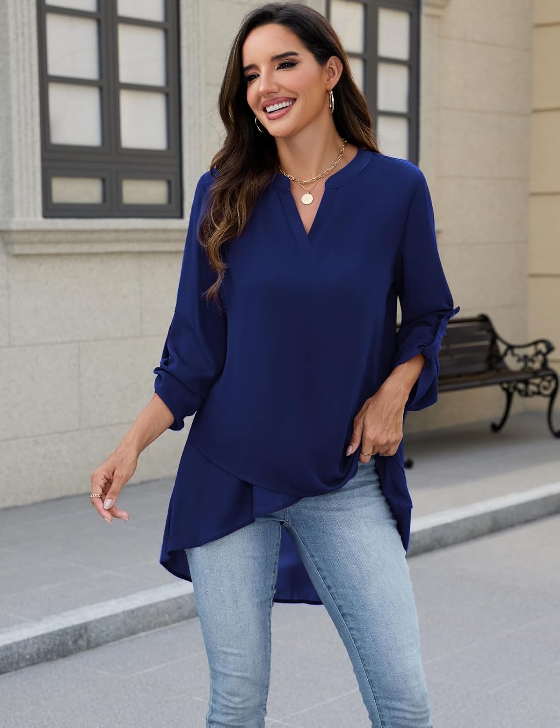 CiCiBird Womens Dressy Casual Tops 3/4 Rolled Sleeve Chiffon Blouse Work Asymmetrical Blouses - Image 4