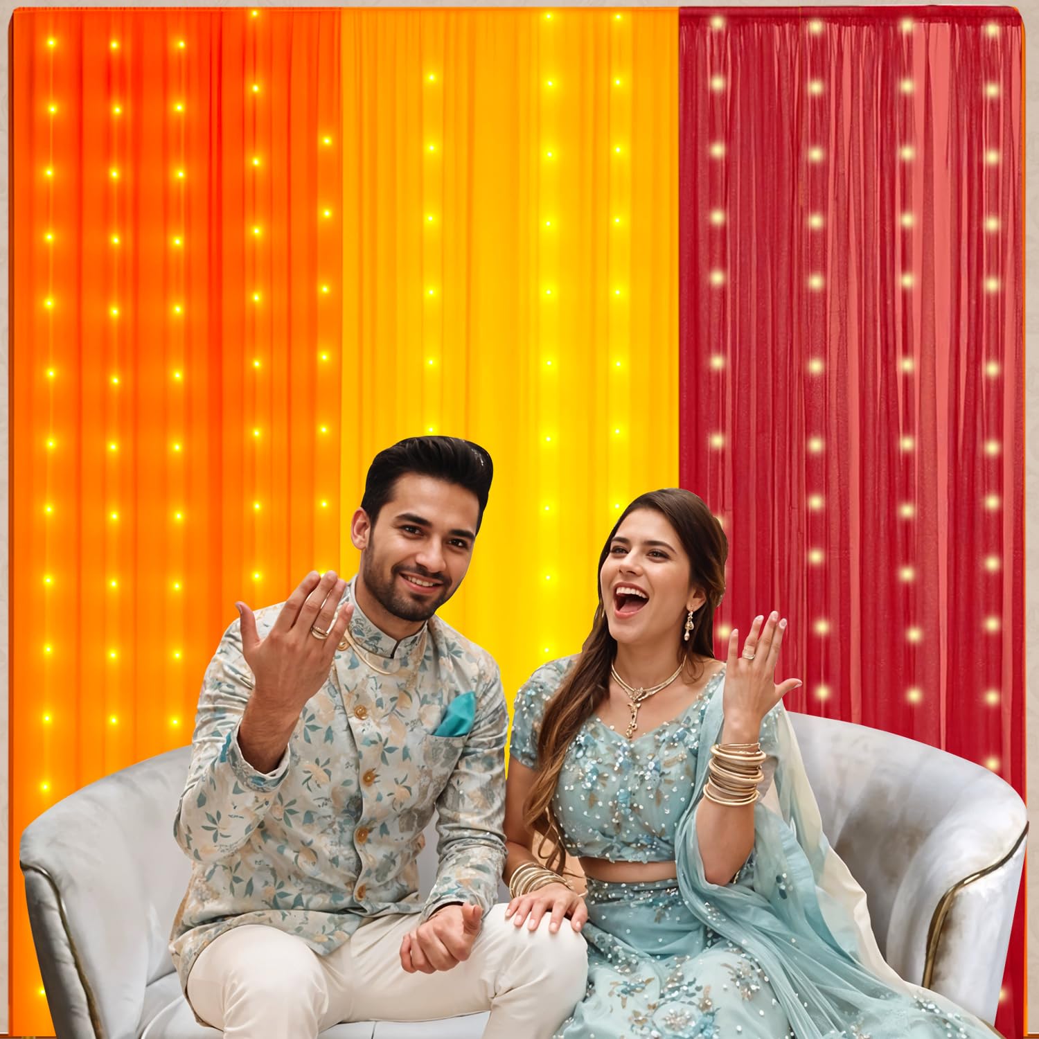 Party Propz Yellow, Orange, Red Backdrop Decorations Set Combo, Haldi Decor, Diwali Decoration for Home Decor, Navratri Decoration Items, Backdrop Cloth for Decorations Pooja (Net Mix Curtain) - Image 6 thumbnail