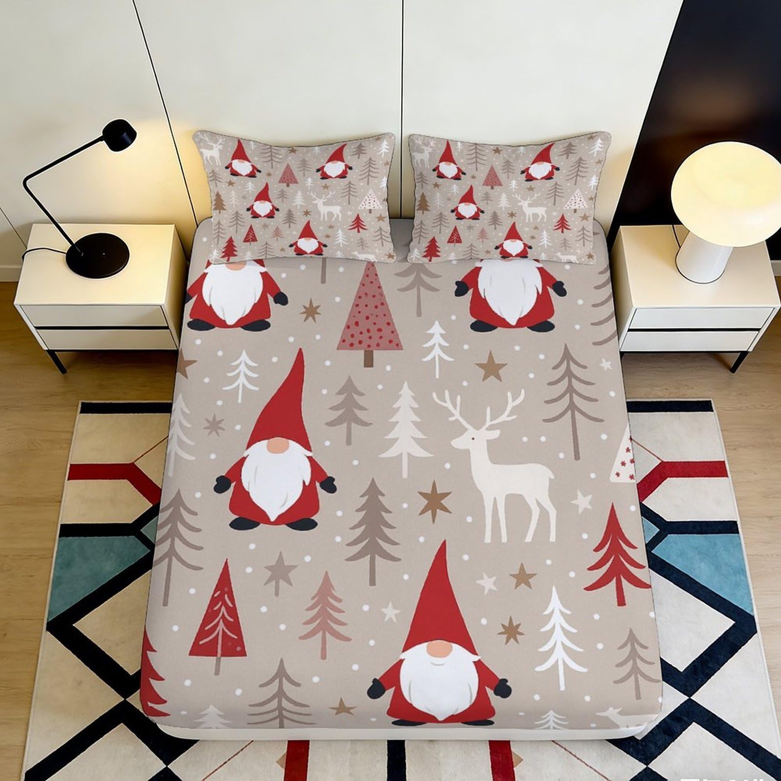 3D Printed Christmas Gnome Fitted Sheet Microfiber Soft Beige Reindeer Bed Cover for Bedroom Guest Room Decor 90x200x25cm
