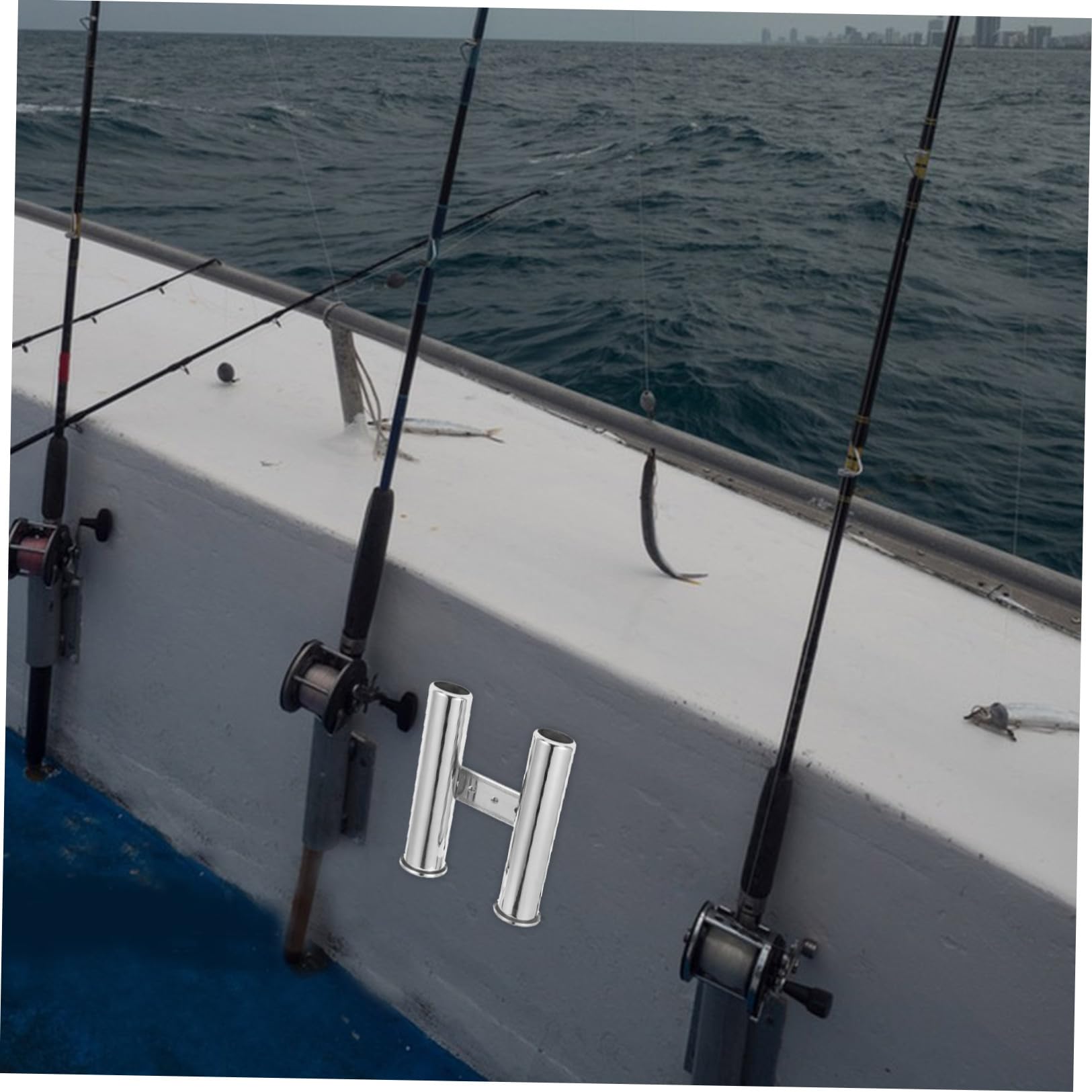 Supporto Doppio per Canne da Metallo Inossidabile Argento, Porta Canna da Barca Robusto con Funzione di Drenaggio, per Pesca Sportiva Mare