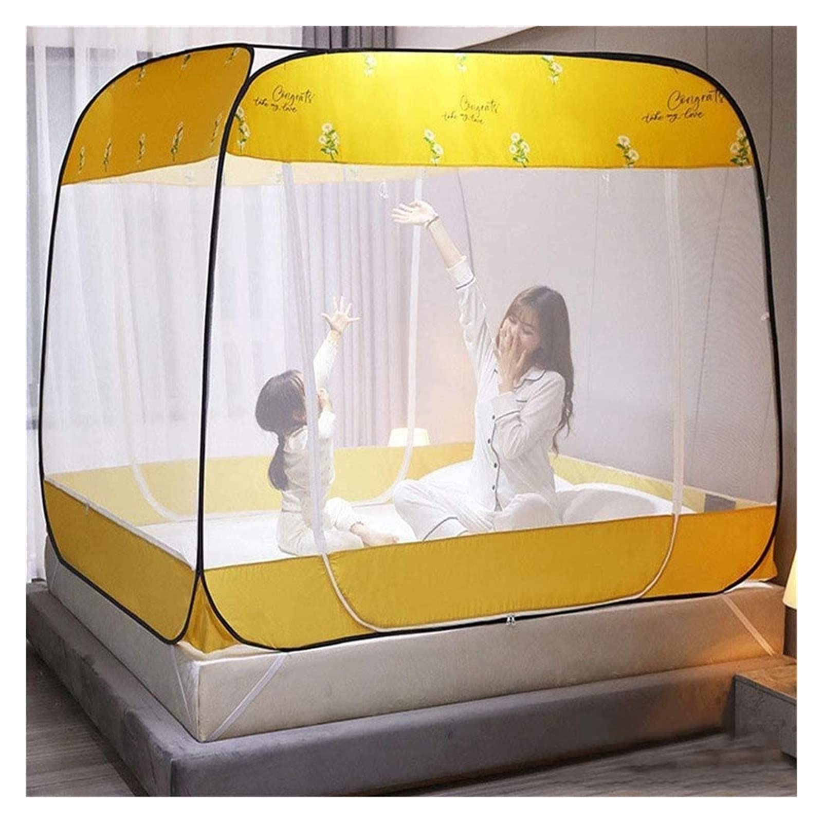 Mosquitera Plegable portátil para Tienda de campaña, Cortinas, mosquiteras, mosquitera emergente, con mosquitera Inferior (Color: Amarillo, tamaño: 1,5 m x 2 m x 1,65 m)