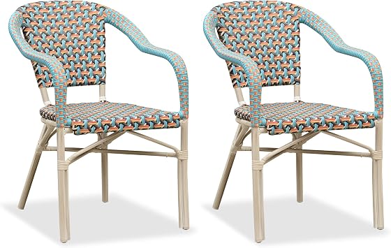 PURPLE LEAF Dining Chair Set of 2 Outdoor French Bistro Chairs Hand-Woven Aluminum Wicker Rattan Armchair for Garden Kitchen Backyard Porch White Print Finish Patio Chairs Colorful