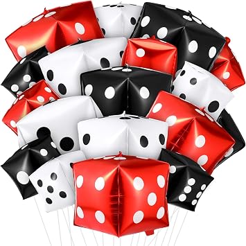 MiniInflat 18 Pcs Casino Dice Balloon 11" & 7", Casino Theme Party Decoration, Red Black White 4D Cube Large Inflatable Foil Balloons for Game Night Las Vegas Birthday Prom Party Decoration