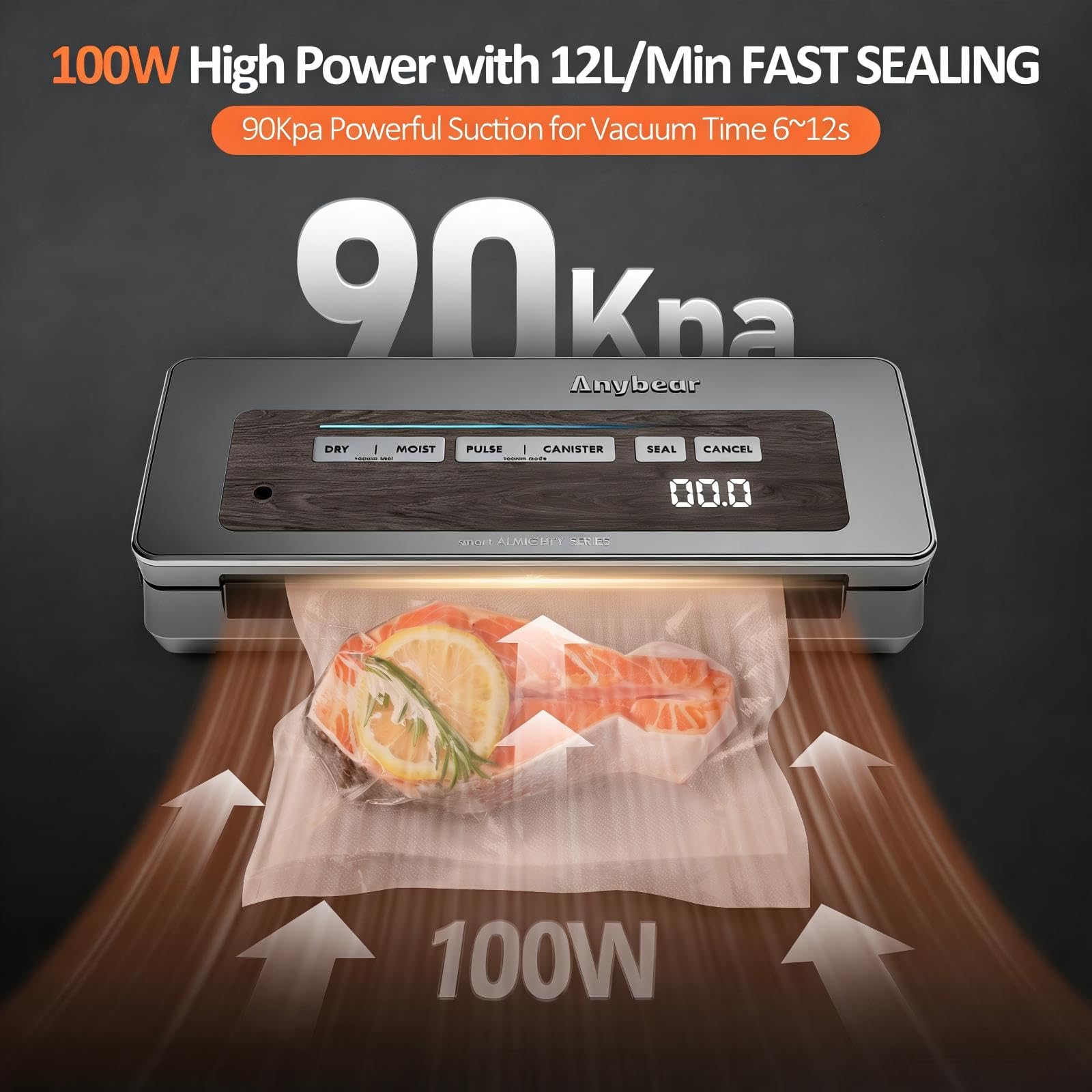 Machine à emballer sous vide, 90 kPa, 120 W, puissante, avec cutter intégré et rangement pour sacs, affichage numérique du compte à rebours, large ouverture (Gris)