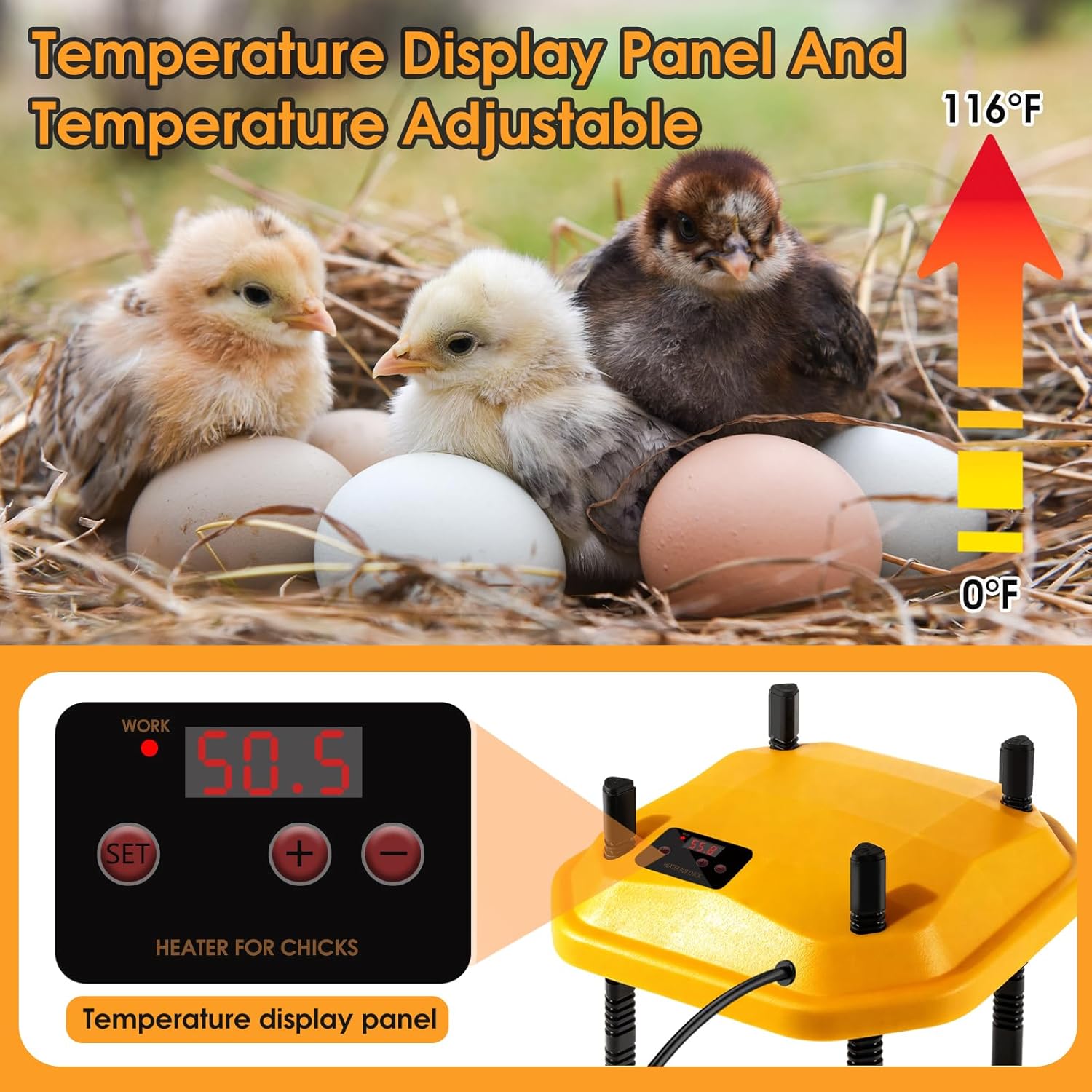 10 * 10inch Chick Brooder Heater Plate with Temperature Adjustable and Display,Adjustable Height & Angle Brooder Box for Baby Chicks Quail Duckling Chicken Heat Warmer Lamp Poultry Habitat Supplies
