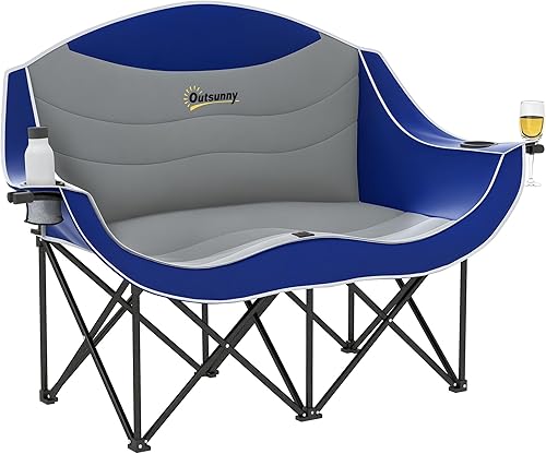 Outsunny Double Camping Chair for Adults, Padded Folding Camp Chair for 2 Person with Armrest, Wine Glass Holder, Cup Holder, Carry Bag for Outdoor