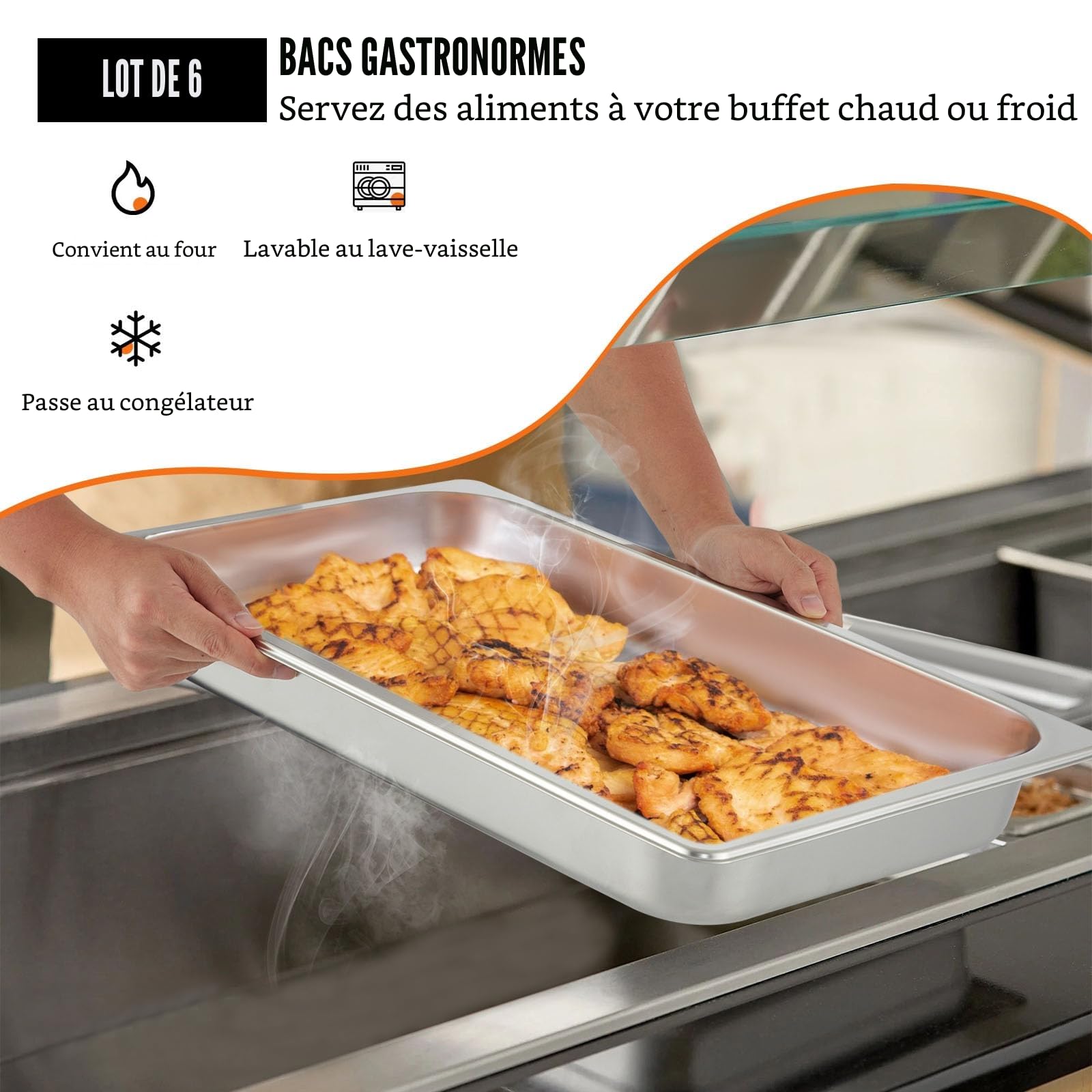 VEVOR Bac Inox Alimentaire Lot de 6 Plats à Four en Acier Inoxydable 8,5L Épaisseur 0,8mm Bac Poli Rectangulaire Effet Miroir Aliments Chauds et Froids pour Cuisine de Restaurant Gril Gâteaux Tartes