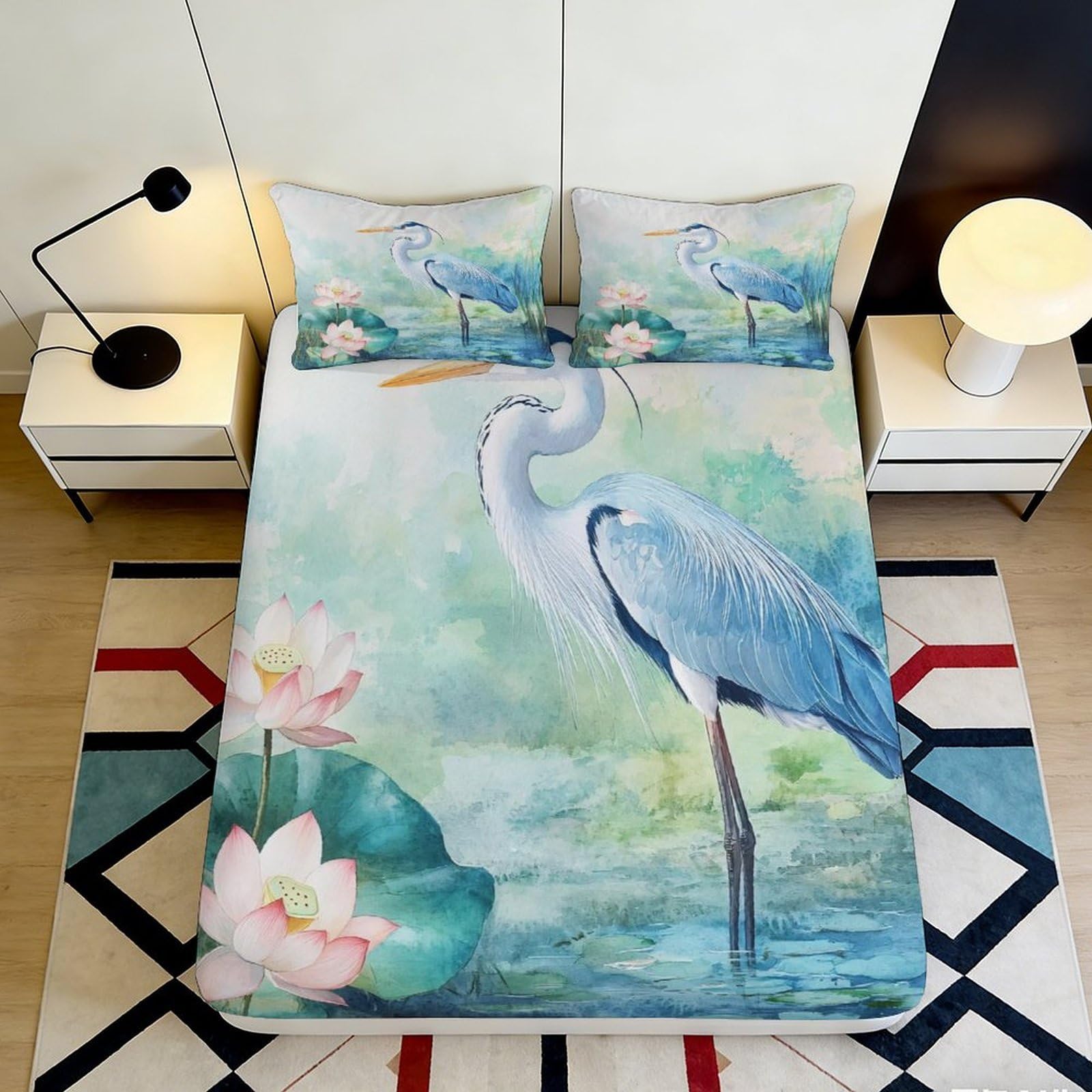 3D Printed Heron Bird Fitted Sheet Microfiber Soft Breathable Lotus Flower Bed Cover for Bedroom Dormitory Guest Room Mattress Protection Decor 90x200x25cm