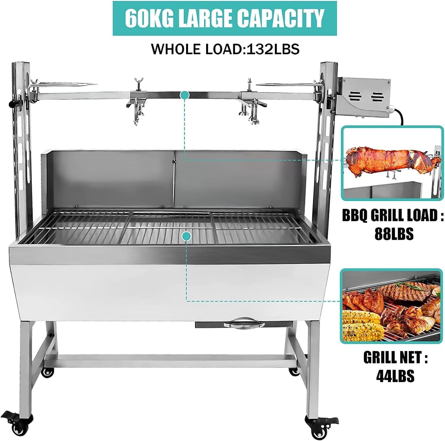 132LBS Stainless Steel Rotisserie Grill with Back Cover Guard, 25W Motor Small Pig Lamb 37 Inch BBQ Charcoal Rotisserie Roaster Grill for Camping Outdoor Kitchen
