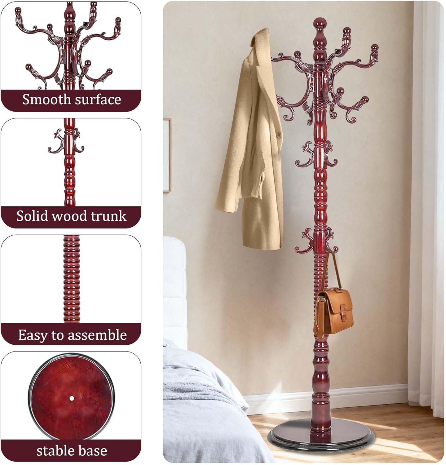 73" Wooden Coat Rack Freestanding, Coat Rack Stand With 18 Hooks And Round Solid Wood Base，Adjustable Height, Easy To Assemble For Entrance Hallway Office Living Room Bedroom