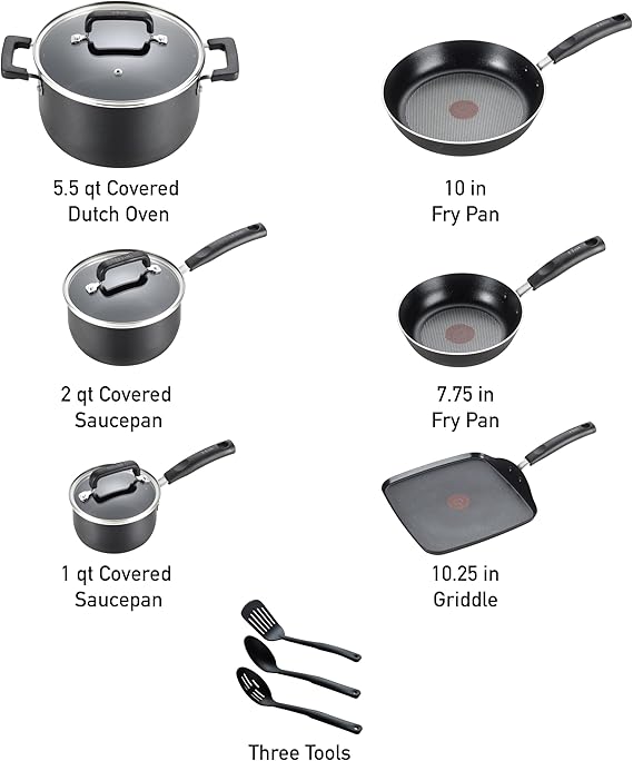 T-Fal Signature Nonstick Pots and Pans Set 12 Piece, Oven Broiler Safe 350F, Kitchen Cookware Set w/Fry Pans, Saucepans, Saute Pan, Dutch Oven, Griddle, Kitchen, Home, Dishwasher Safe, Black