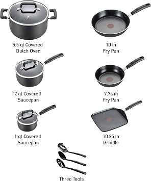 T-Fal Signature Nonstick Pots and Pans Set 12 Piece, Oven Broiler Safe 350F, Kitchen Cookware Set w/Fry Pans, Saucepans, Saute Pan, Dutch Oven, Griddle, Kitchen, Home, Dishwasher Safe, Black
