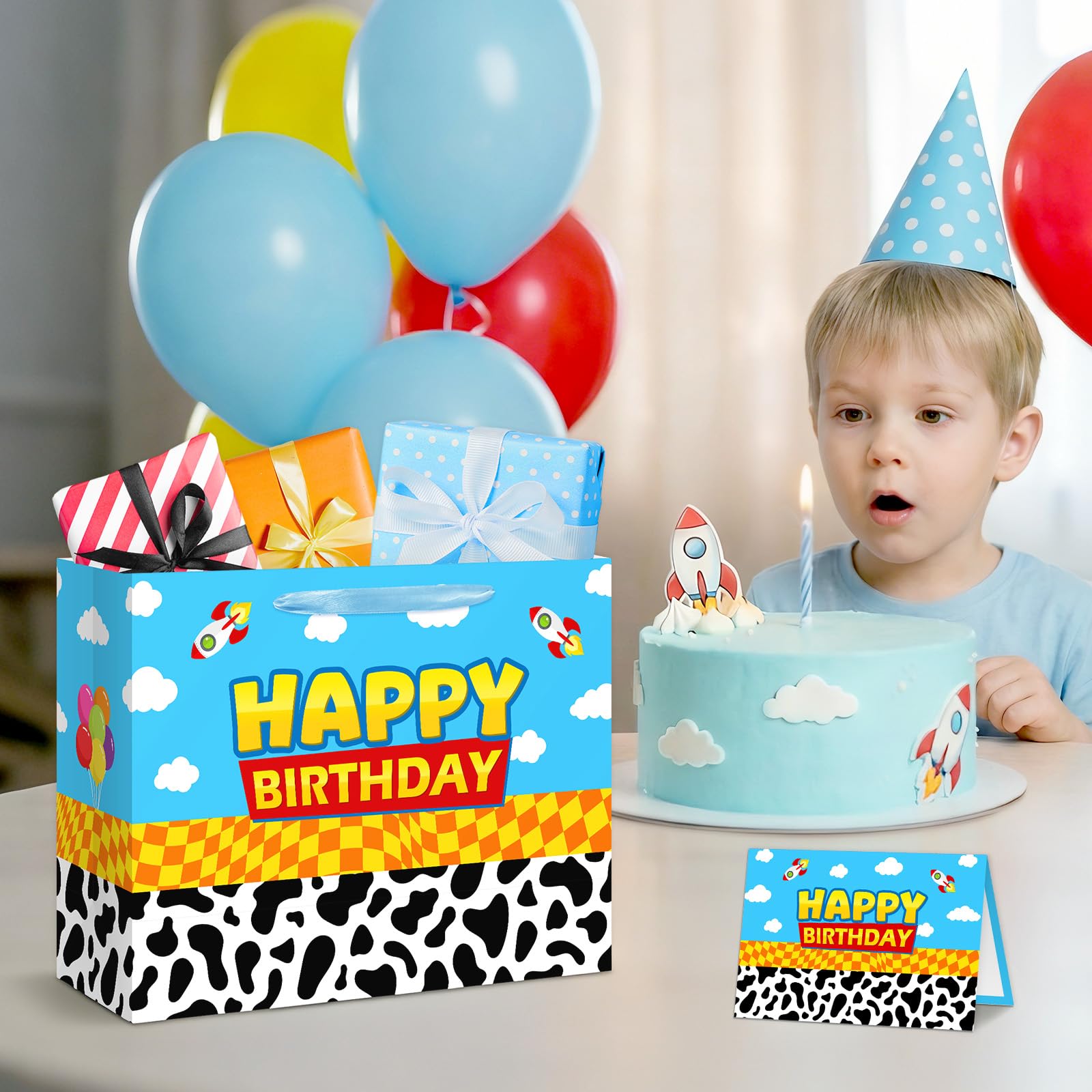 Reyoust 13" Large Toy Gift Bag with Card and Tissue Paper Toy Inspired Story Present Bag for Happy Birthday Blue Cartoon Party Decorations 1Pcs 13" L x 10.2" H x 4.9" D