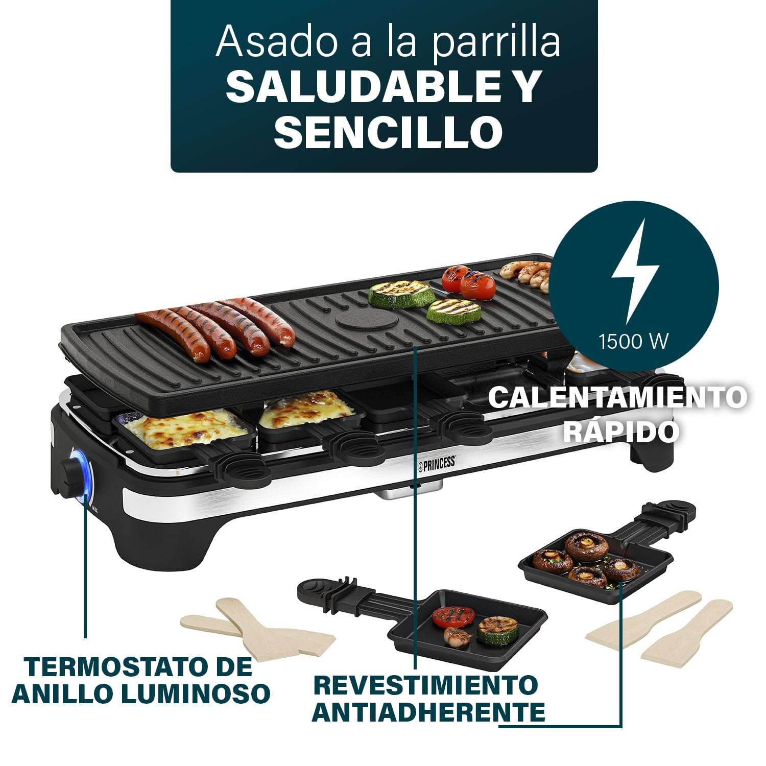 Princess 162650 Raclette multifuncional XXL, parrilla y raclette, termostato regulable, superficie de 49 x 21 cm, revestimiento antiadherente, temperatura de 220 °C, Para 10 comensales, 1500 W