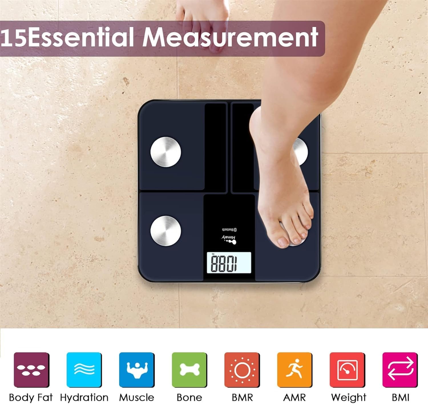 Person standing barefoot on the himaly scale for 15 essential measurements