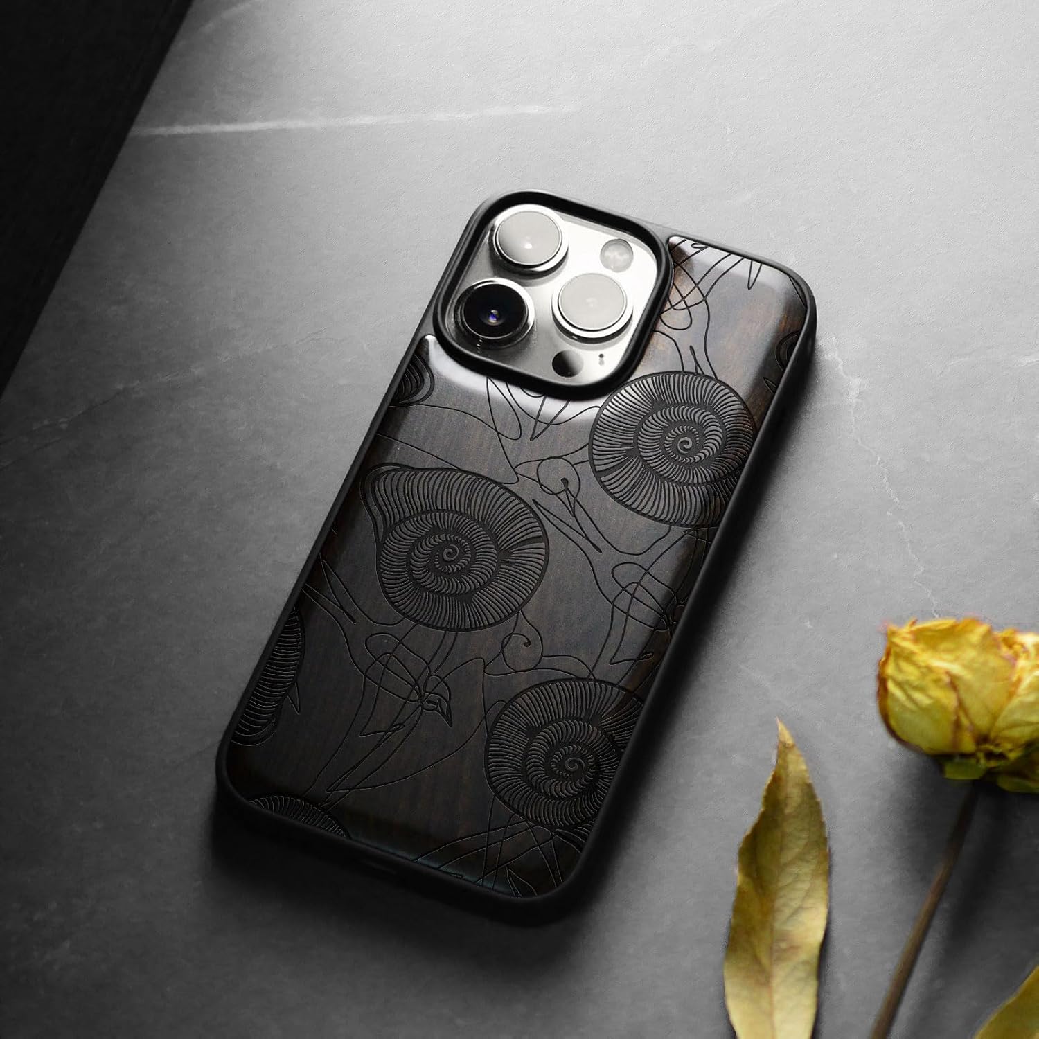Carveit Magnetic Wooden Case for iPhone 15 Pro Max Case, Compatible with MagSafe Wireless Chargers, Black Soft TPU Shockproof Cover & Wood Artisan Engraved (Spirals of Nature's Harmony) - Blackwood
