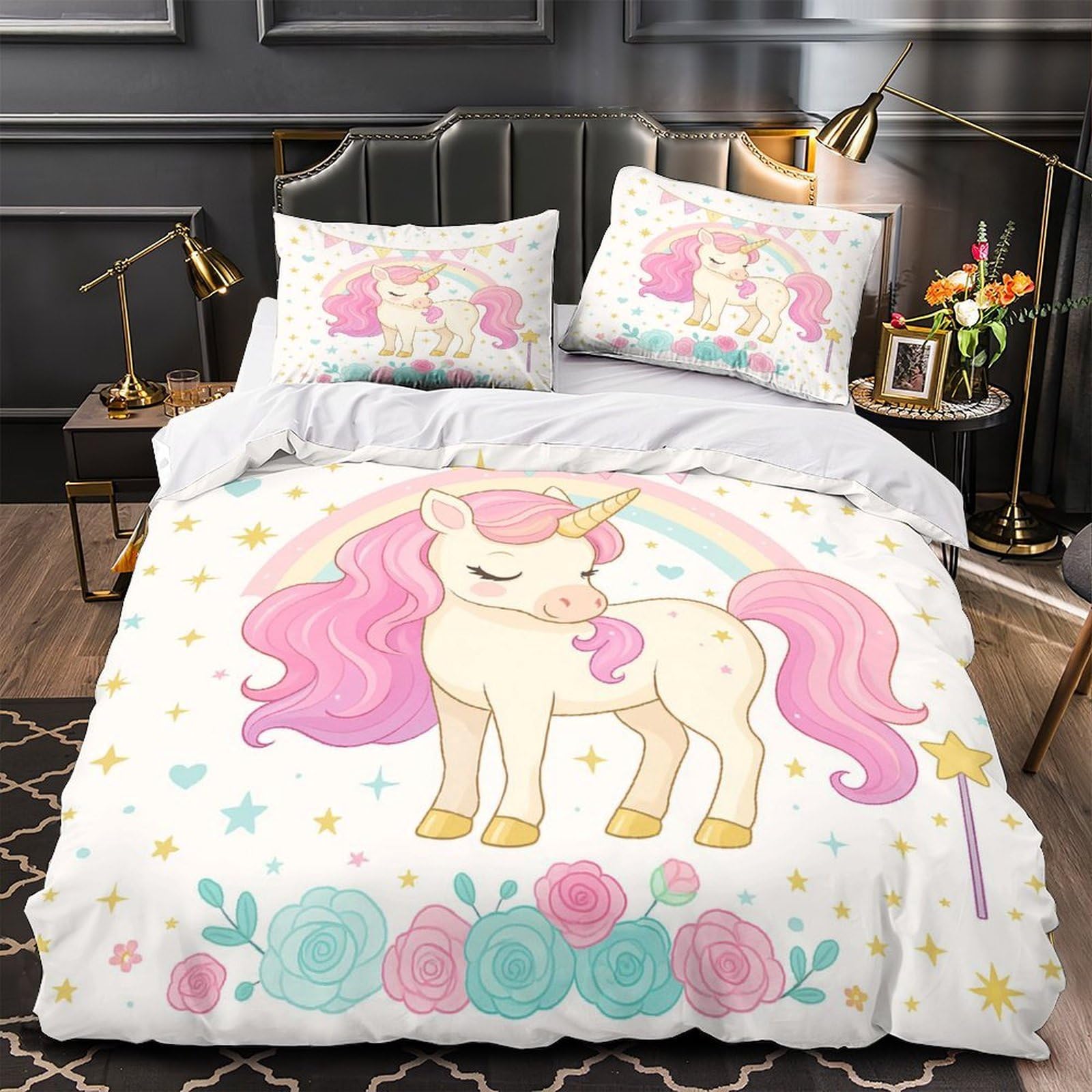 Housse de couette licorne 140x200 anti-acarien avec zip pour literie d'adolescent